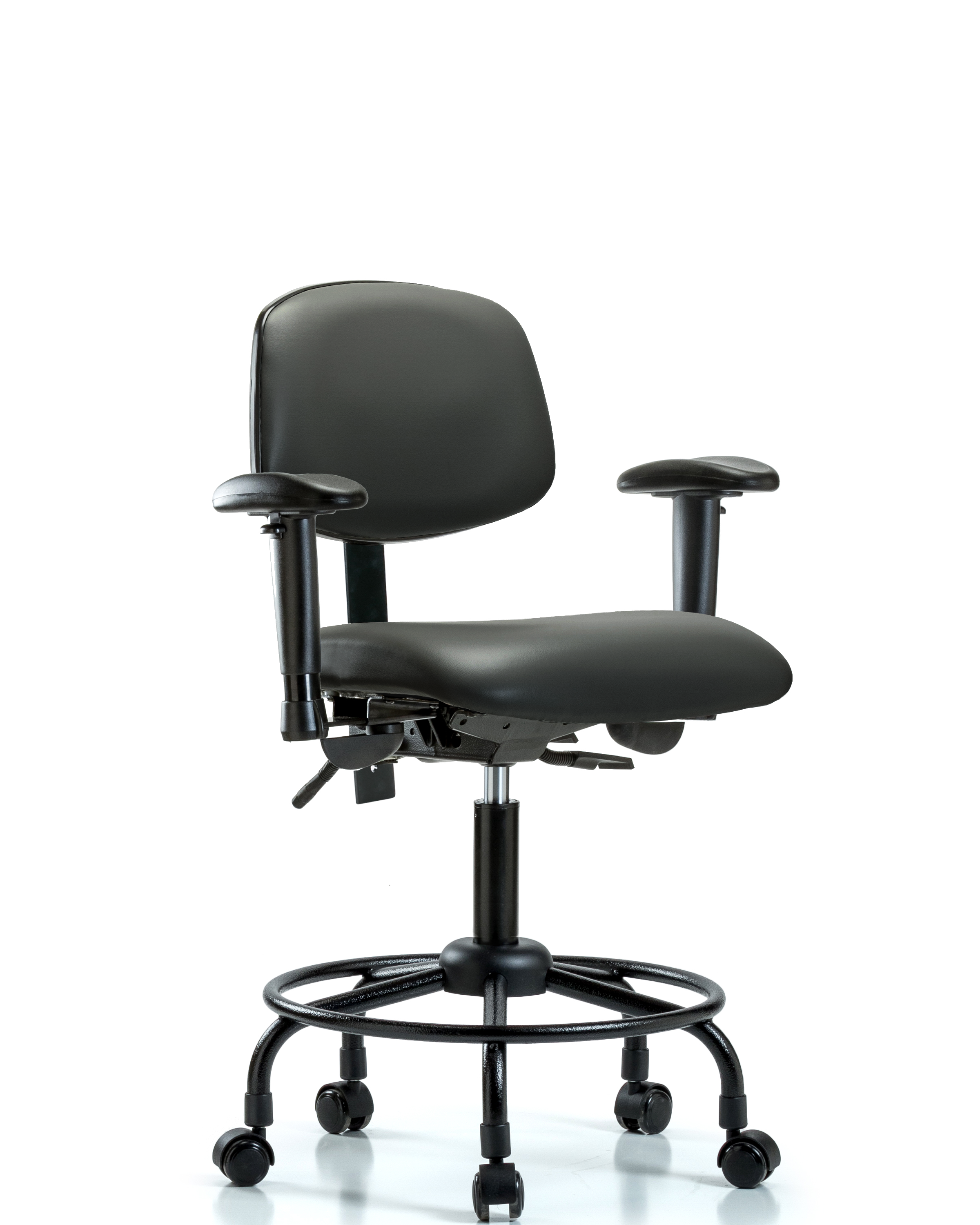 Rutledge Vinyl Chair - Desk Height with Round Tube Base, Adjustable Arms, & Casters in Carbon Supernova Vinyl
