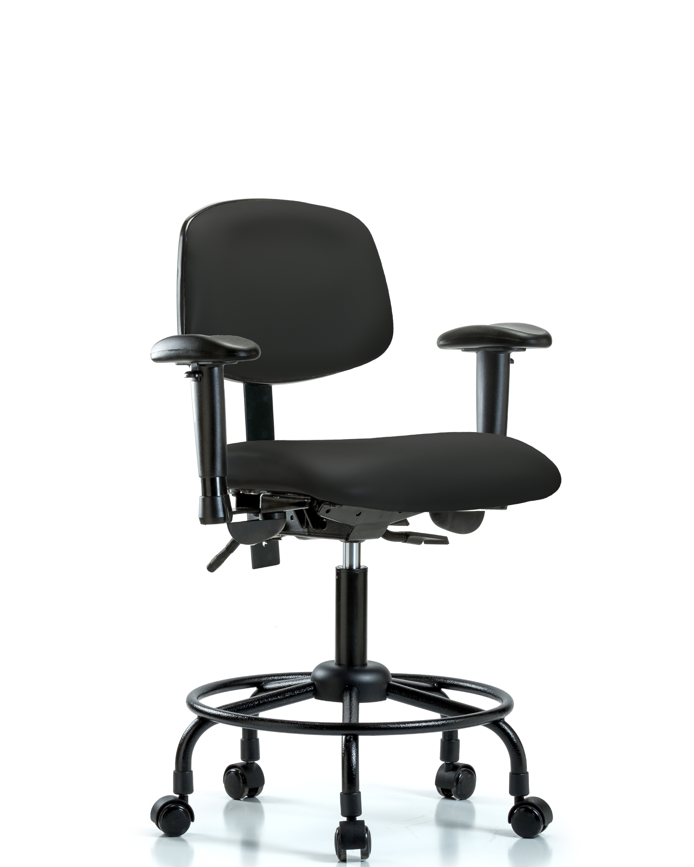 Rutledge Vinyl Chair - Desk Height with Round Tube Base, Seat Tilt, Adjustable Arms, & Casters in Black Trailblazer Vinyl