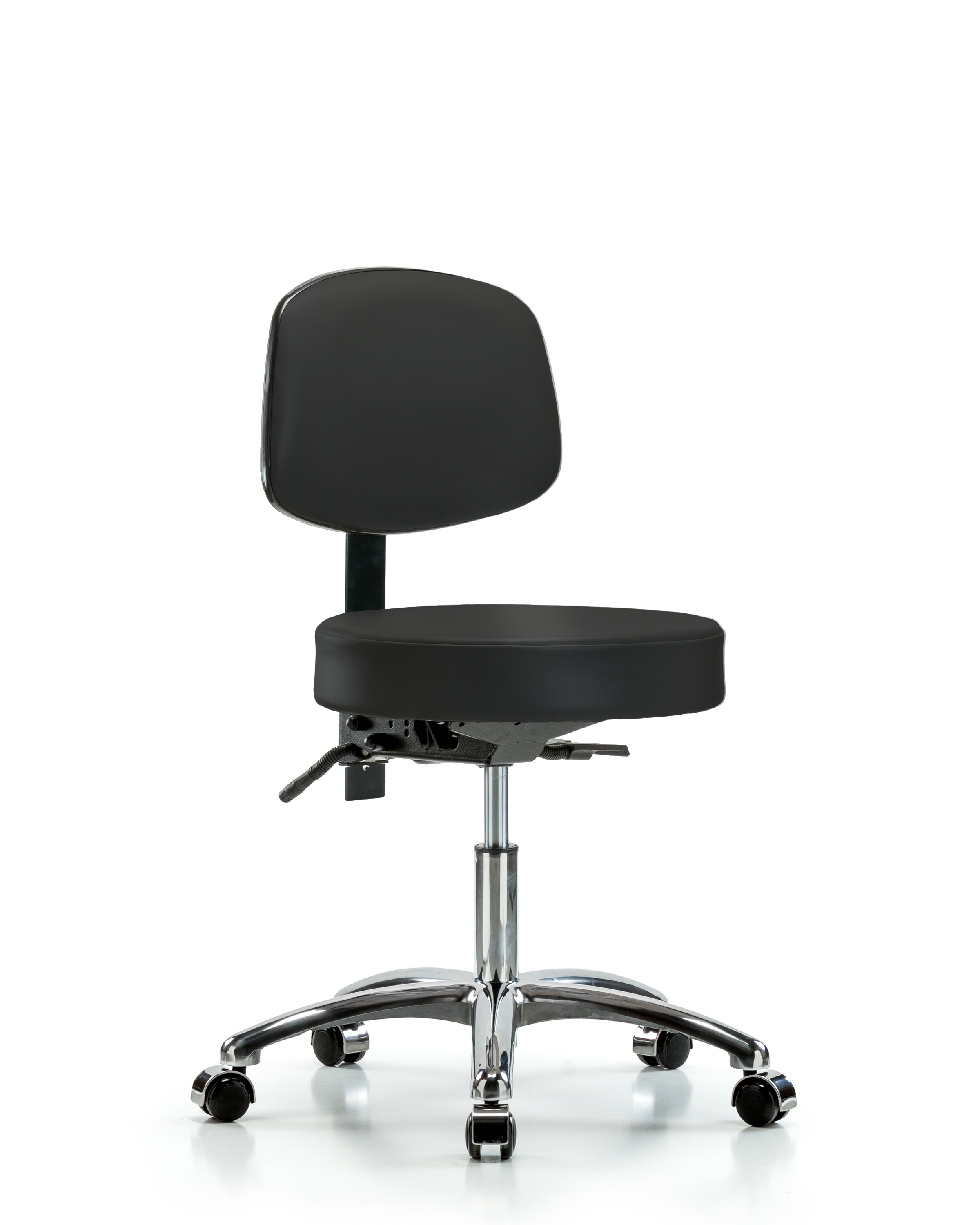 Rutledge Vinyl Stool with Back Chrome - Desk Height with Casters in Black Trailblazer Vinyl