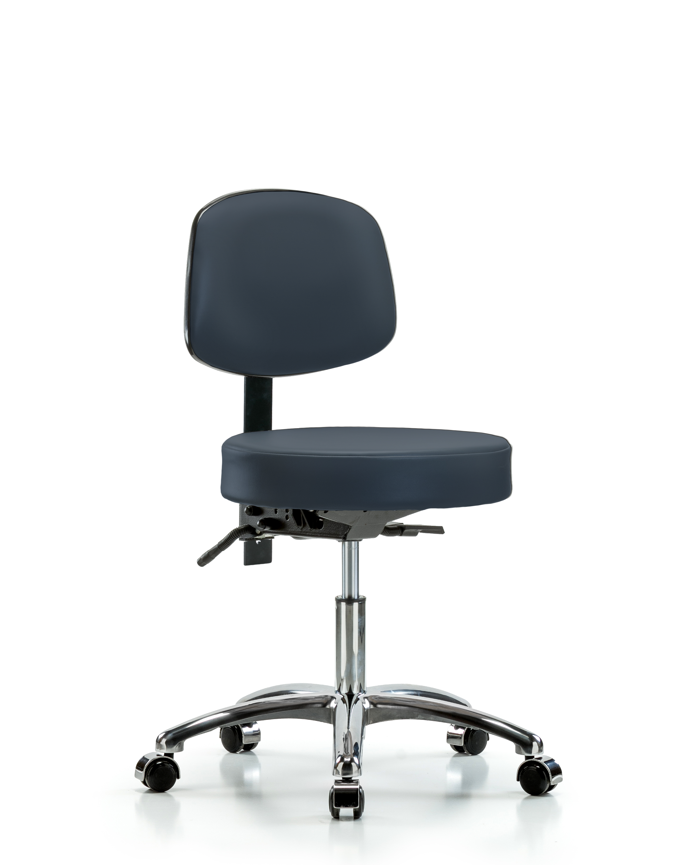 Rutledge Vinyl Stool with Back Chrome - Desk Height with Casters in Imperial Blue Trailblazer Vinyl