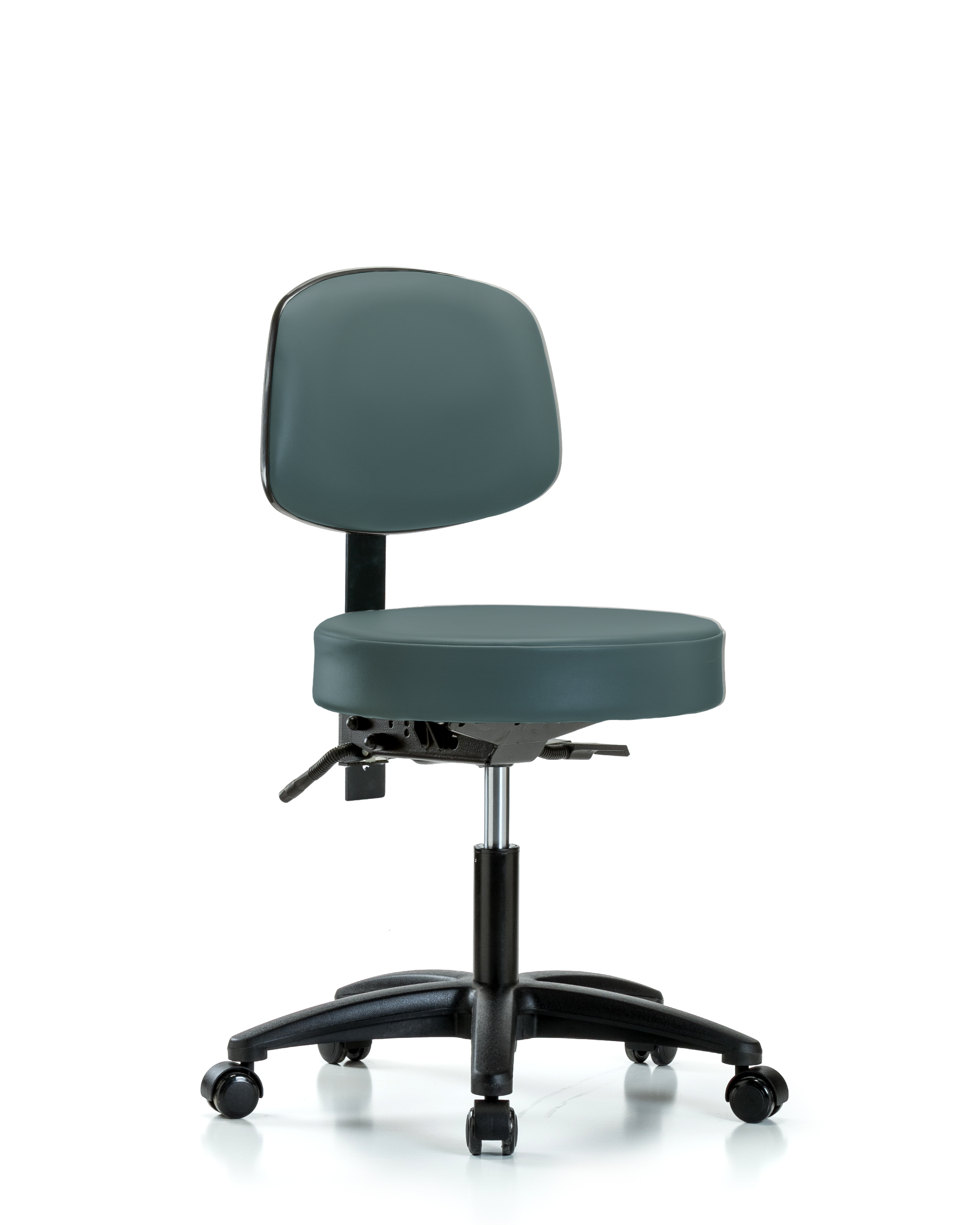 Rutledge Vinyl Stool with Back - Desk Height with Casters in Colonial Blue Trailblazer Vinyl