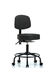 Rutledge Vinyl Stool with Back - Desk Height with Round Tube Base & Casters in Black Trailblazer Vinyl