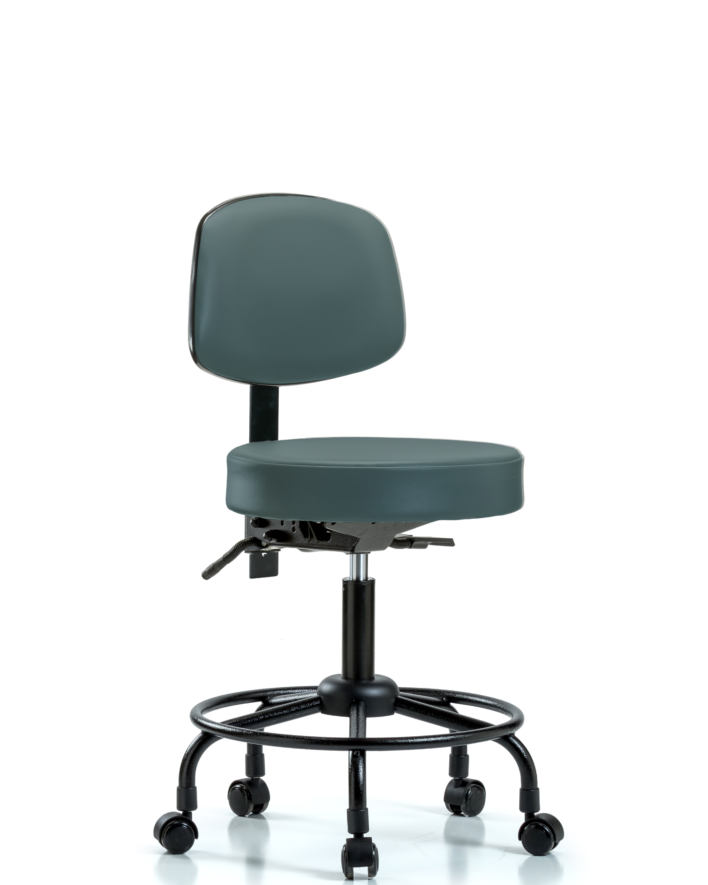 Rutledge Vinyl Stool with Back - Desk Height with Round Tube Base & Casters in Colonial Blue Trailblazer Vinyl