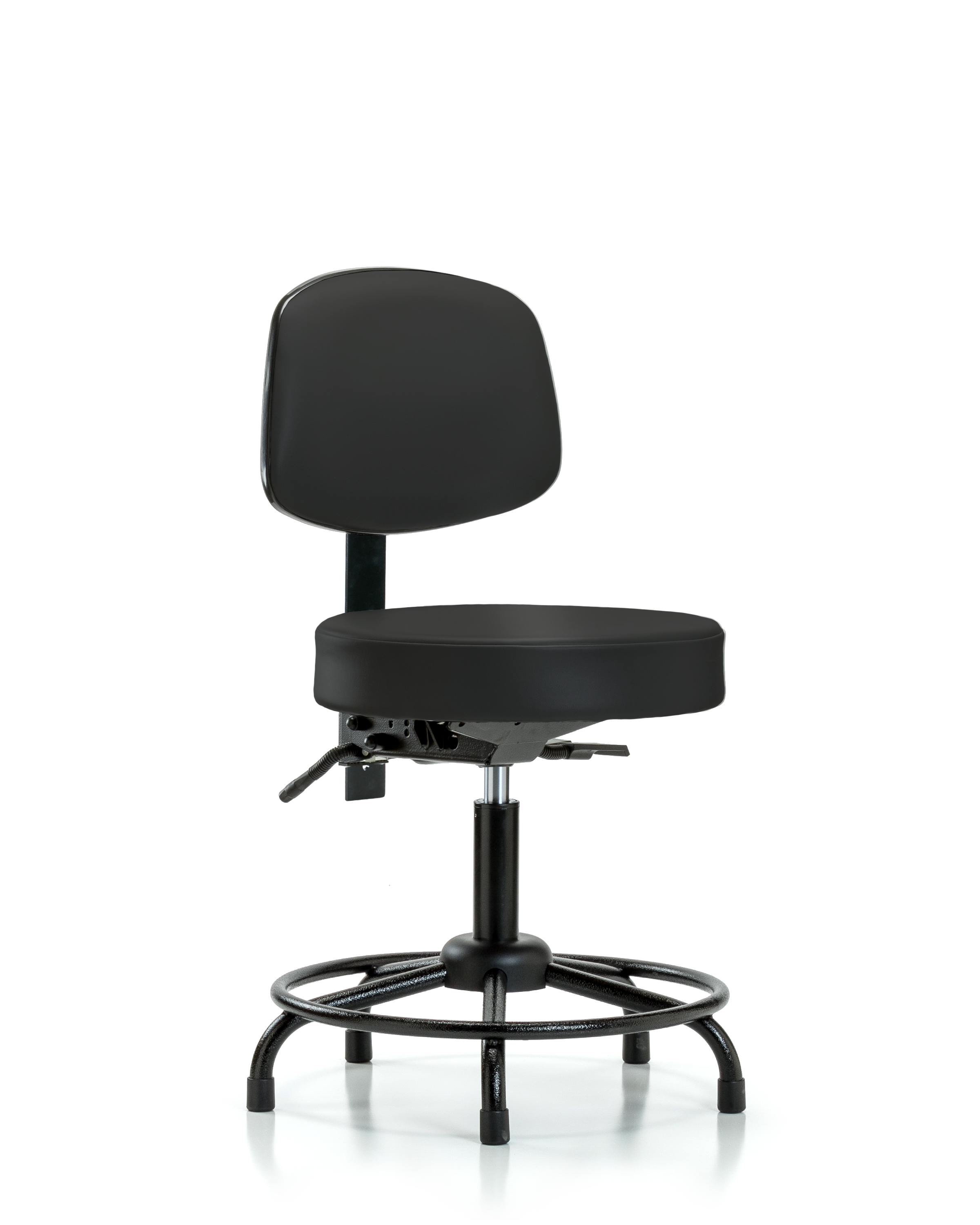 Rutledge Vinyl Stool with Back - Desk Height with Round Tube Base & Stationary Glides in Black Trailblazer Vinyl