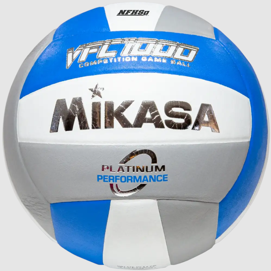 Indoor Volleyball, Championship Series - Premium Japanese Leather, Cotton Core Construction, Blue/Silver/White. NFHS Approved