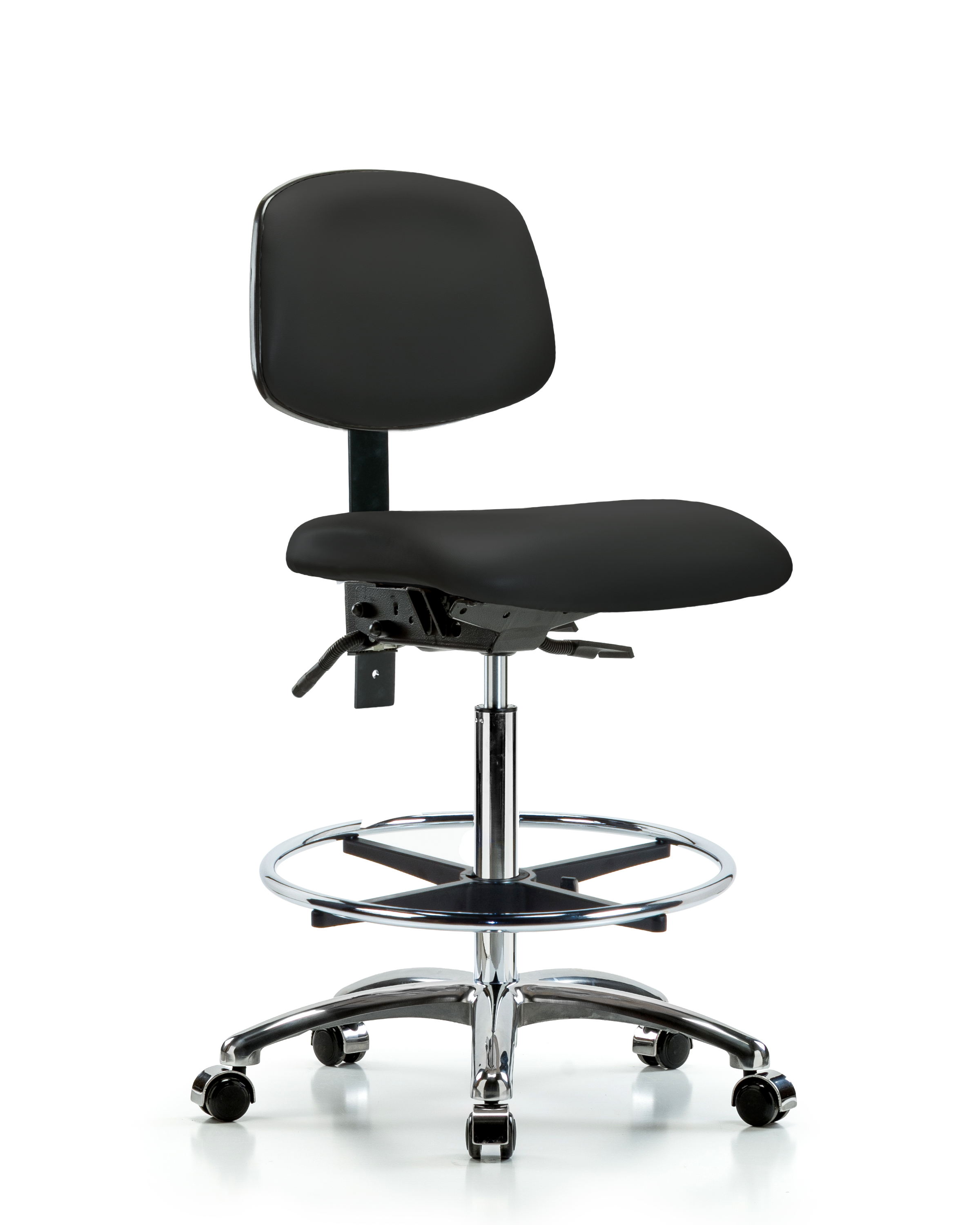 Rutledge Vinyl Chair Chrome - High Bench Height with Chrome Foot Ring & Casters in Black Trailblazer Vinyl