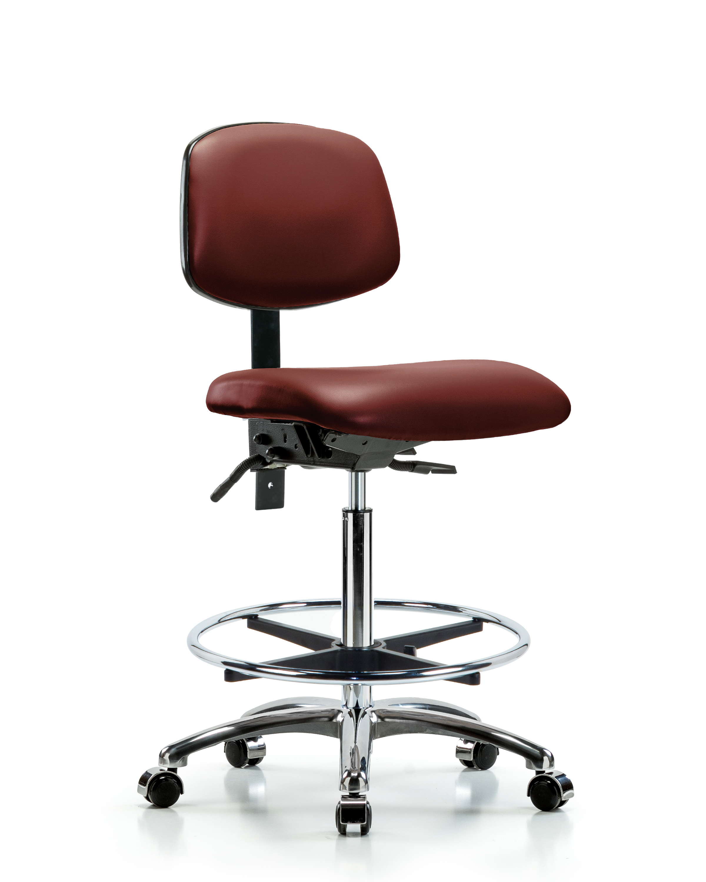 Rutledge Vinyl Chair Chrome - High Bench Height with Chrome Foot Ring & Casters in Borscht Supernova Vinyl