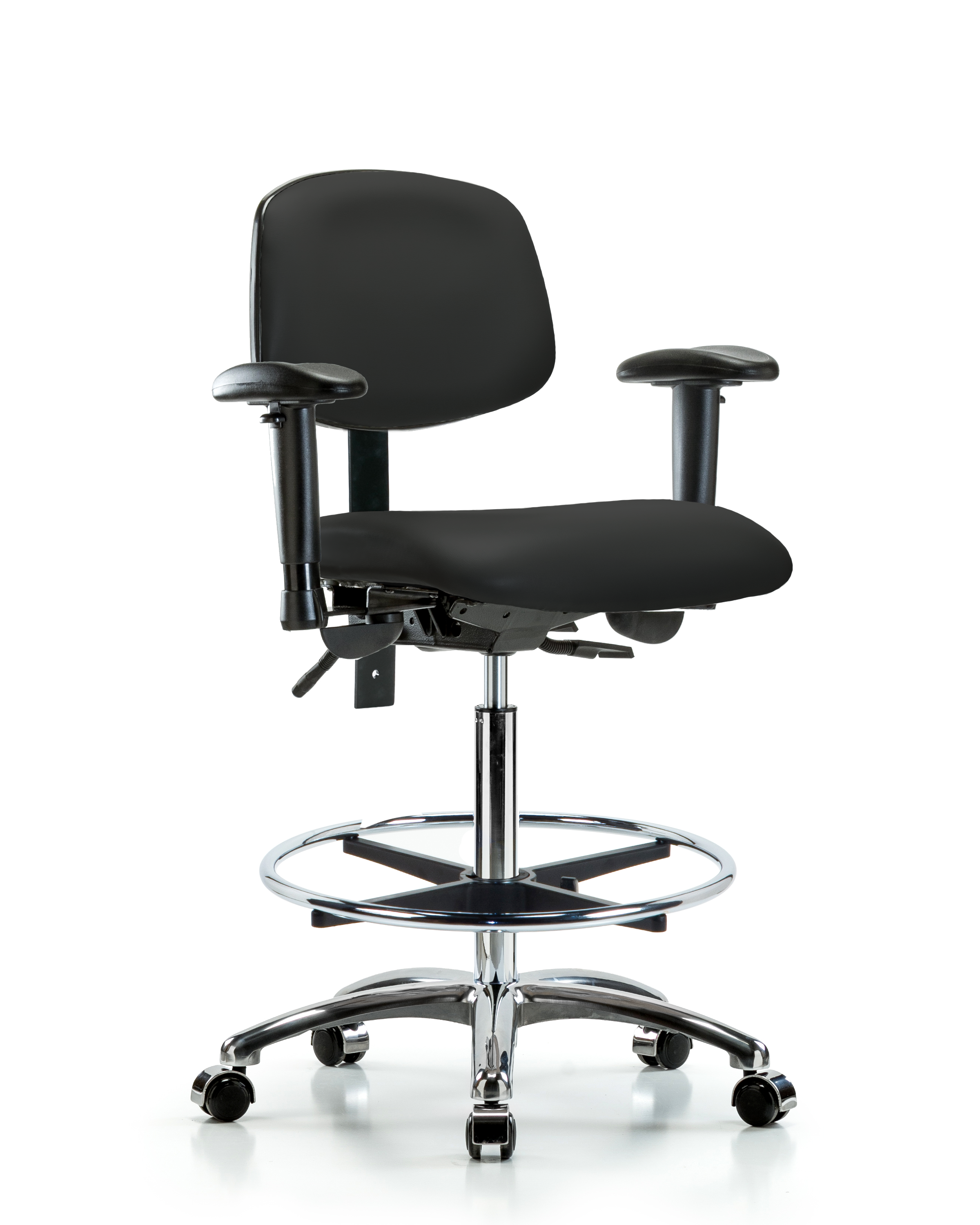 Rutledge Vinyl Chair Chrome - High Bench Height with Adjustable Arms, Chrome Foot Ring, & Casters in Black Trailblazer Vinyl