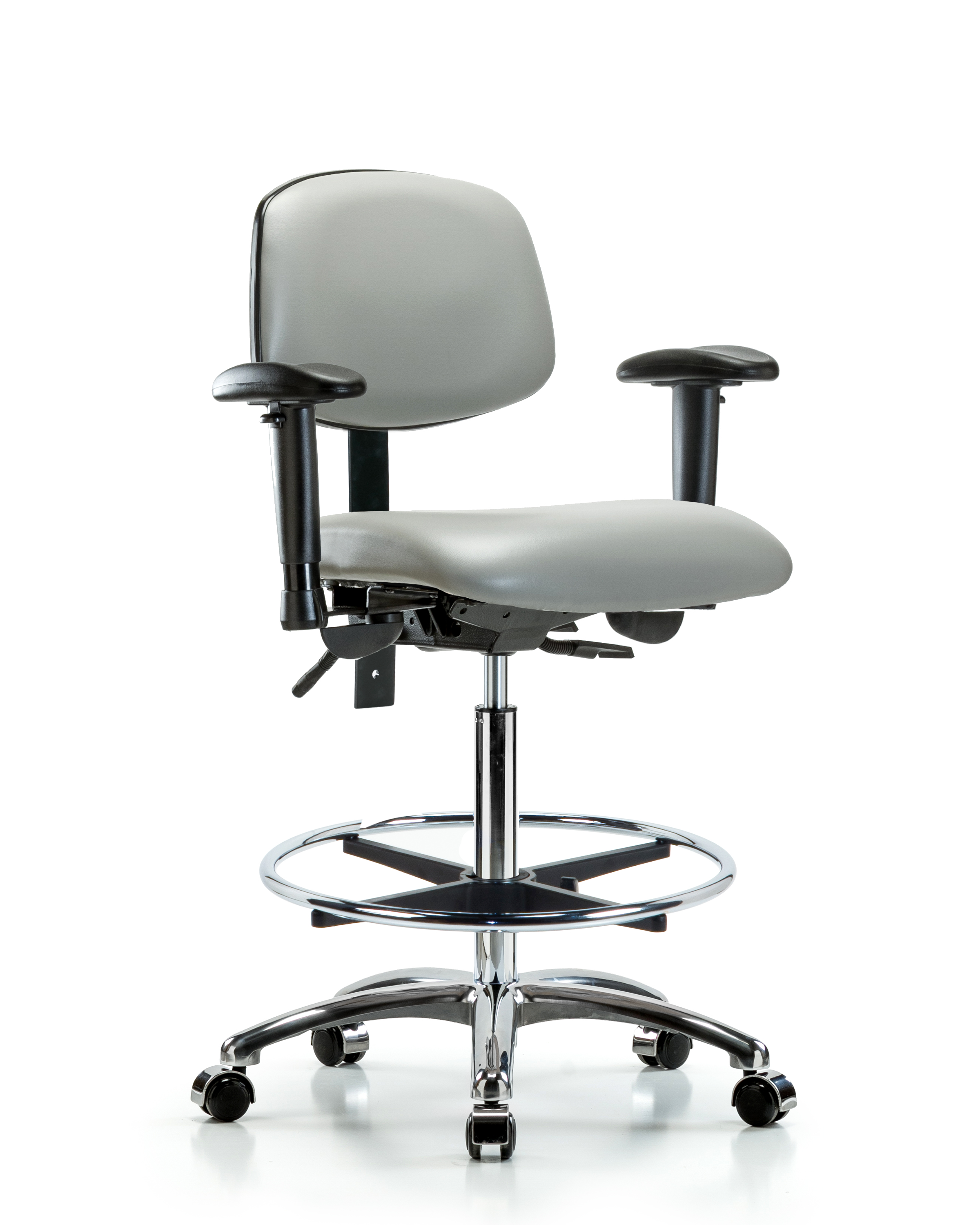 Rutledge Vinyl Chair Chrome - High Bench Height with Adjustable Arms, Chrome Foot Ring, & Casters in Dove Trailblazer Vinyl
