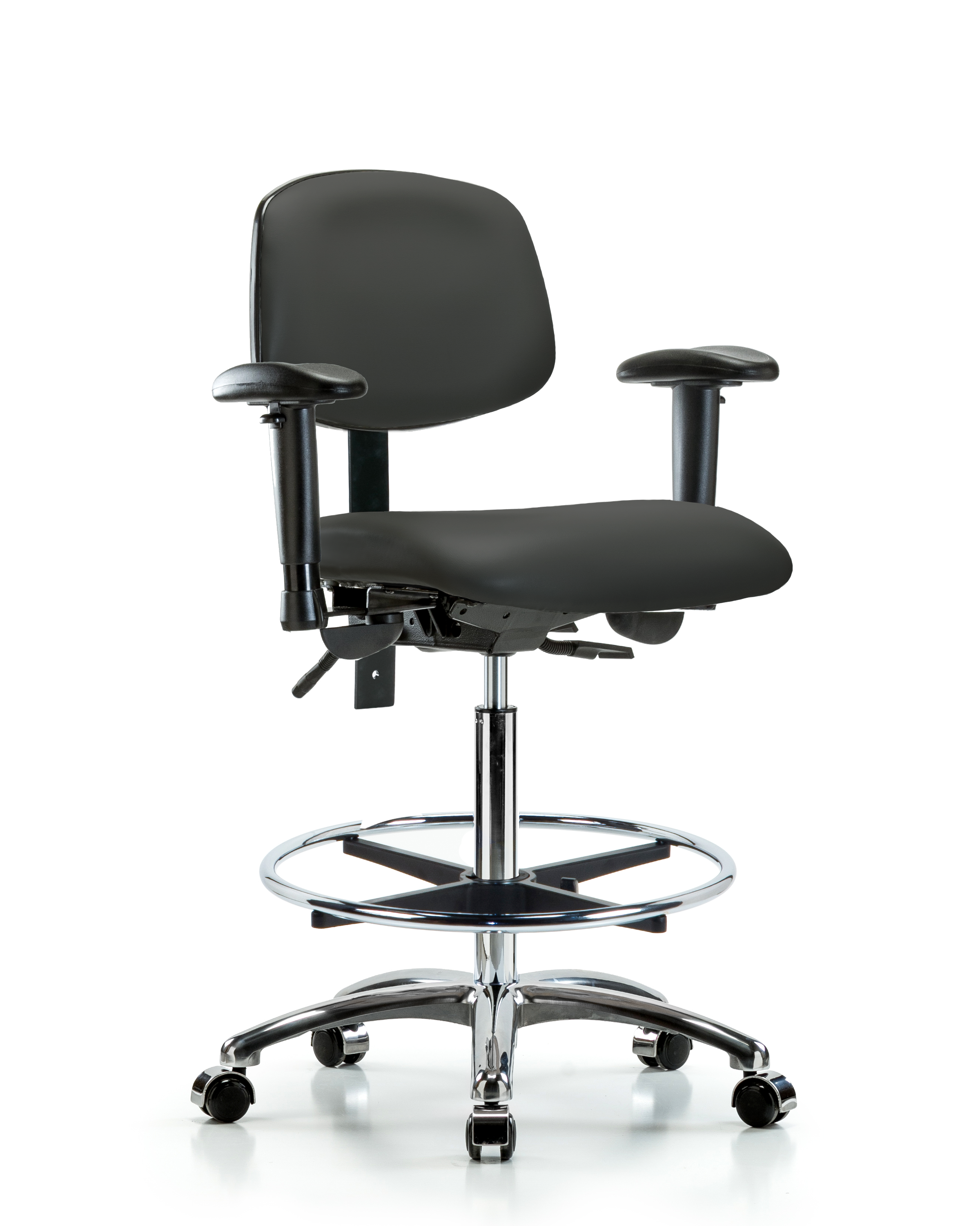Rutledge Vinyl Chair Chrome - High Bench Height with Adjustable Arms, Chrome Foot Ring, & Casters in Charcoal Trailblazer Vinyl