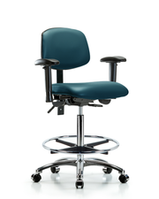 Rutledge Vinyl Chair Chrome - High Bench Height with Adjustable Arms, Chrome Foot Ring, & Casters in Marine Blue Supernova Vinyl