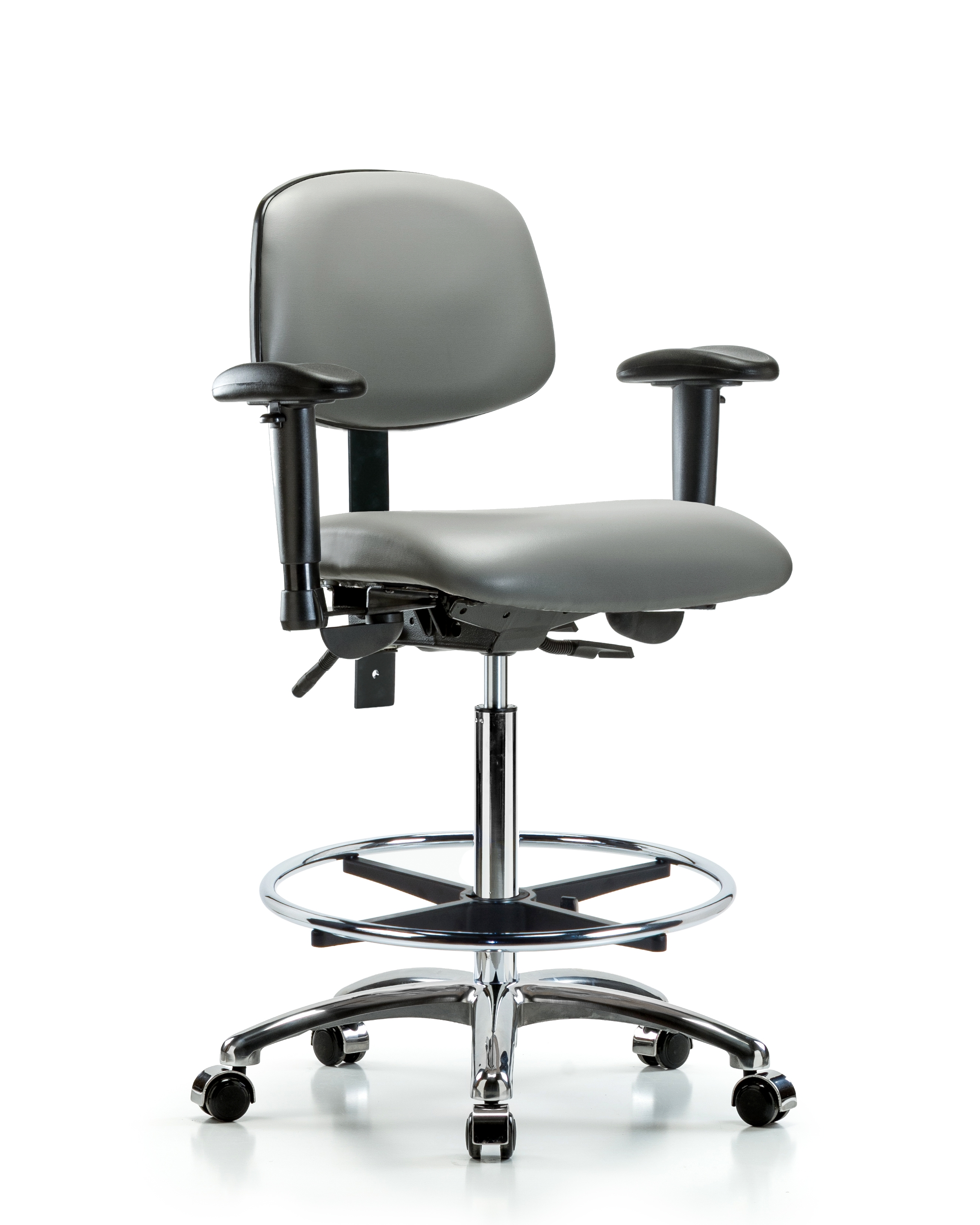Rutledge Vinyl Chair Chrome - High Bench Height with Adjustable Arms, Chrome Foot Ring, & Casters in Sterling Supernova Vinyl