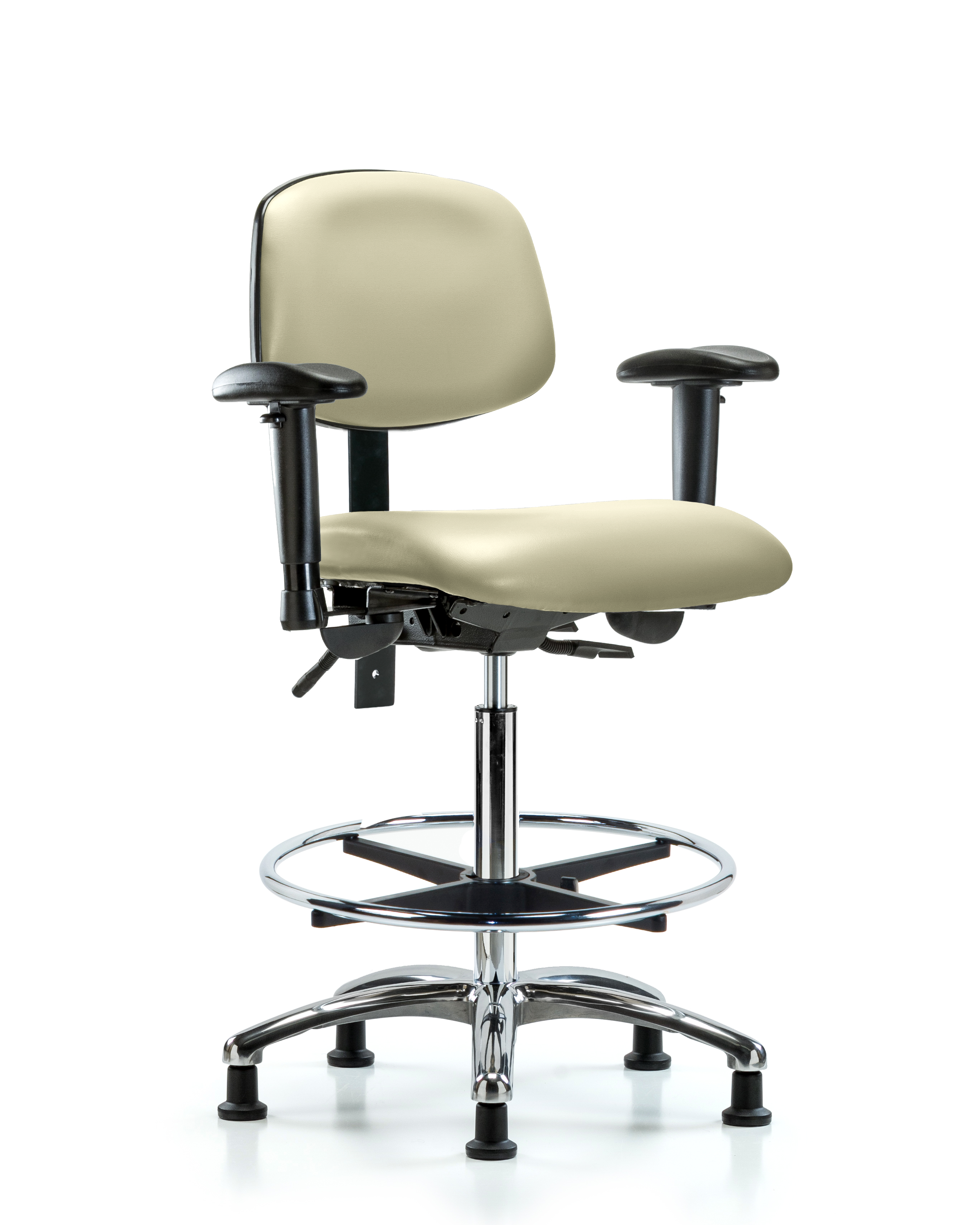 Rutledge Vinyl Chair Chrome - High Bench Height with Adjustable Arms, Chrome Foot Ring, & Stationary Glides in Adobe White Trailblazer Vinyl