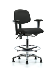 Rutledge Vinyl Chair Chrome - High Bench Height with Adjustable Arms, Chrome Foot Ring, & Stationary Glides in Black Trailblazer Vinyl