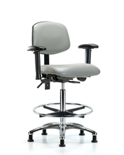 Rutledge Vinyl Chair Chrome - High Bench Height with Adjustable Arms, Chrome Foot Ring, & Stationary Glides in Dove Trailblazer Vinyl