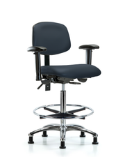 Rutledge Vinyl Chair Chrome - High Bench Height with Adjustable Arms, Chrome Foot Ring, & Stationary Glides in Imperial Blue Trailblazer Vinyl