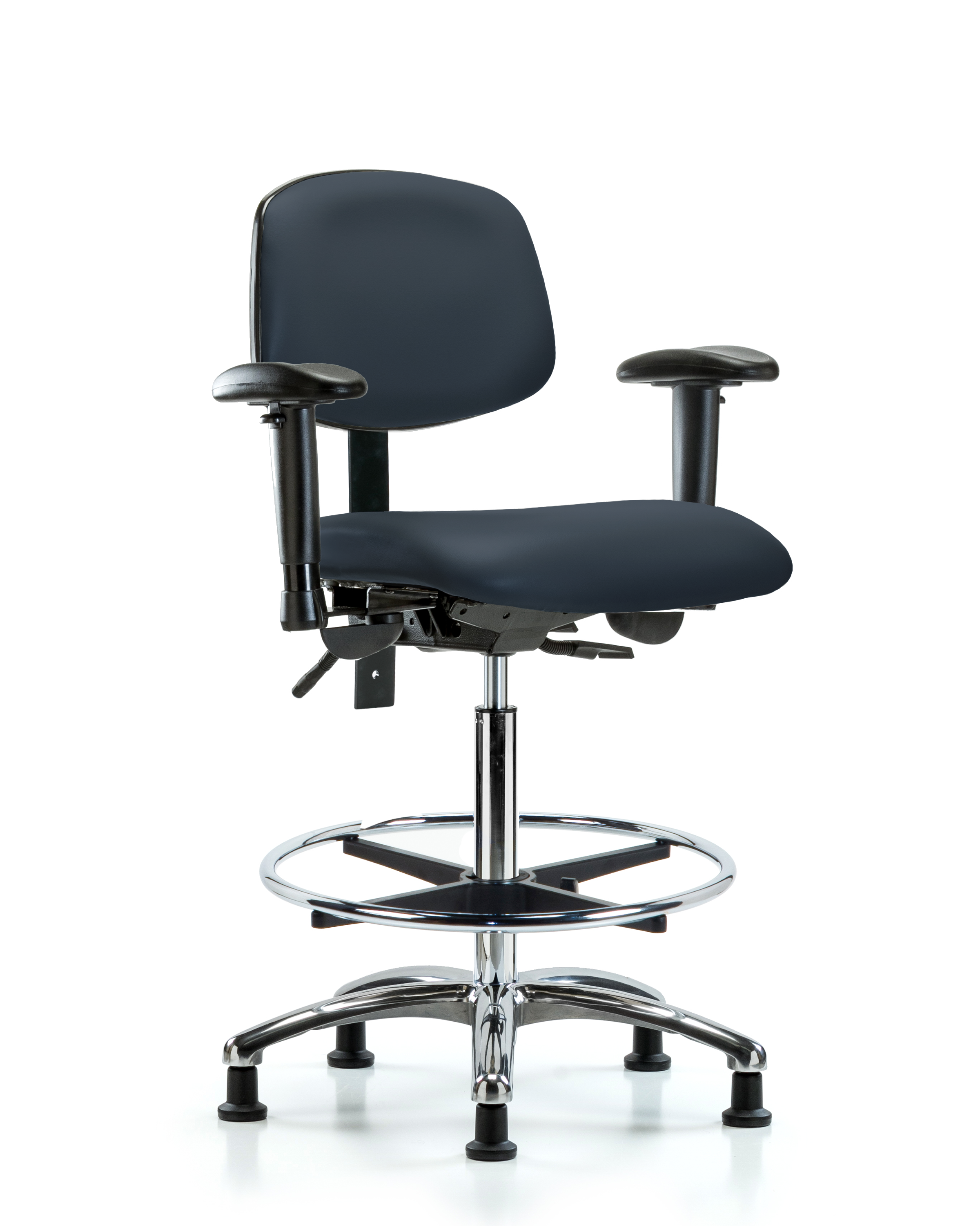 Rutledge Vinyl Chair Chrome - High Bench Height with Adjustable Arms, Chrome Foot Ring, & Stationary Glides in Imperial Blue Trailblazer Vinyl