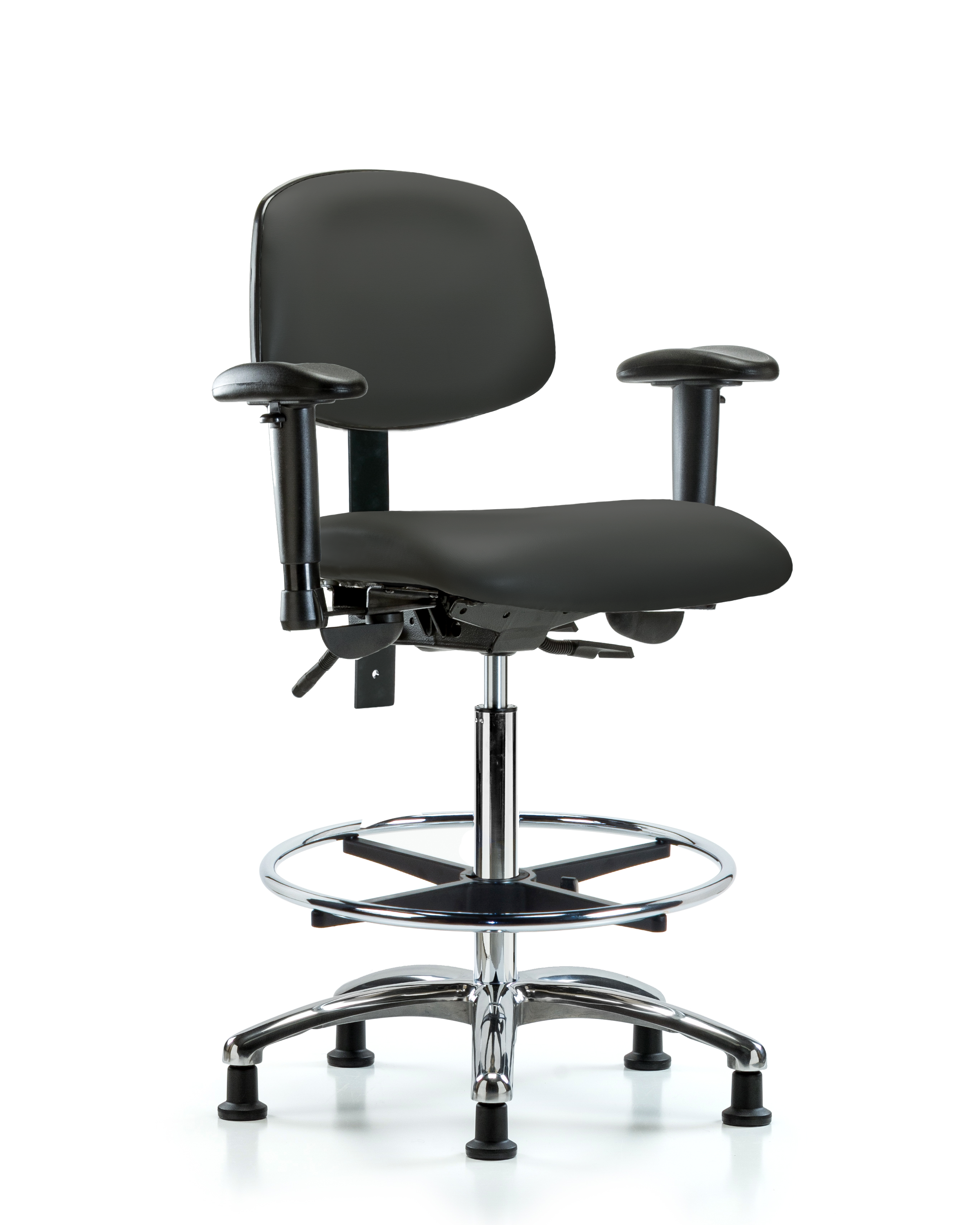 Rutledge Vinyl Chair Chrome - High Bench Height with Adjustable Arms, Chrome Foot Ring, & Stationary Glides in Charcoal Trailblazer Vinyl