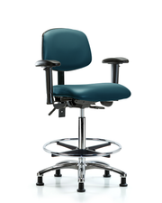 Rutledge Vinyl Chair Chrome - High Bench Height with Adjustable Arms, Chrome Foot Ring, & Stationary Glides in Marine Blue Supernova Vinyl