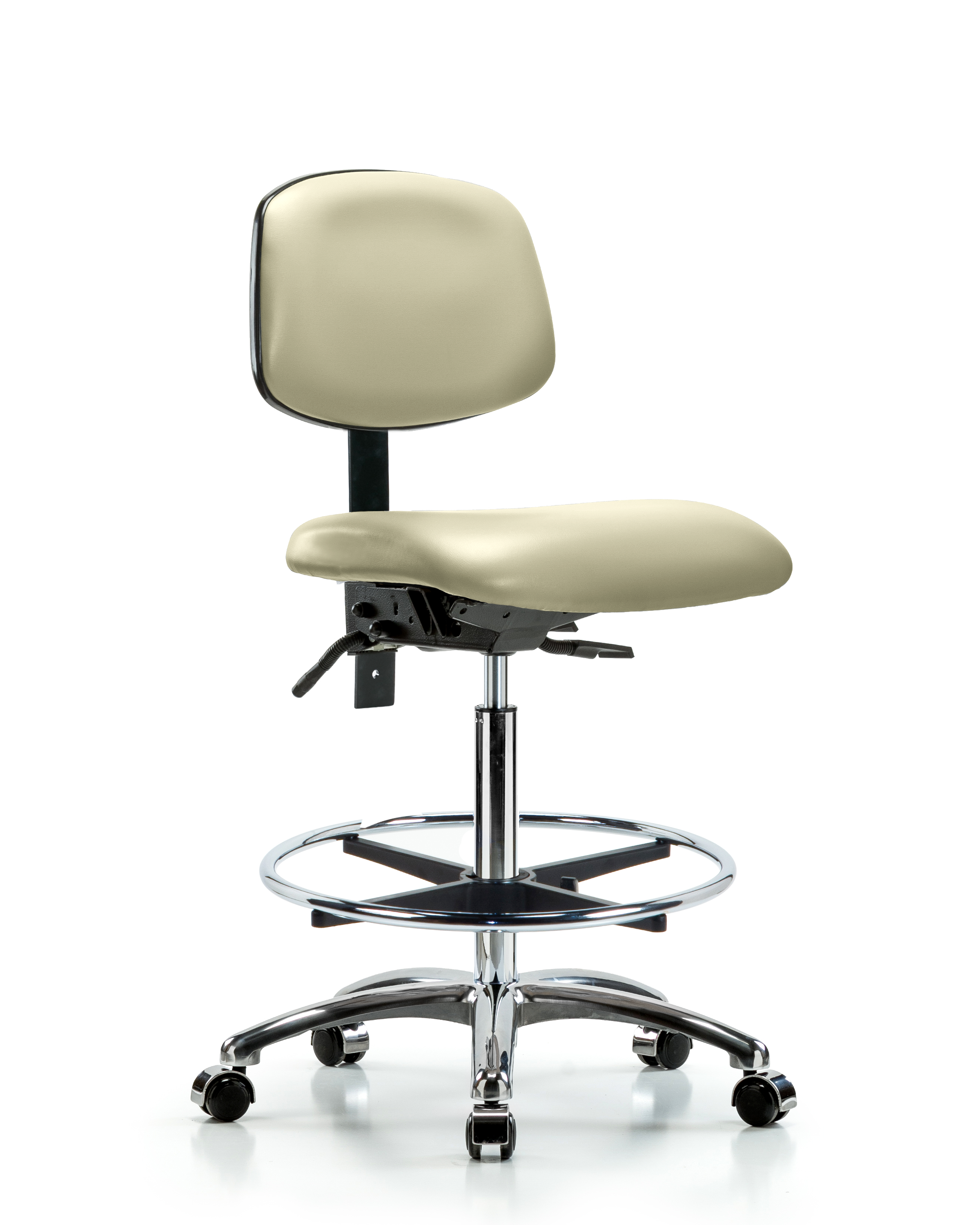Rutledge Vinyl Chair Chrome - High Bench Height with Seat Tilt, Chrome Foot Ring, & Casters in Adobe White Trailblazer Vinyl