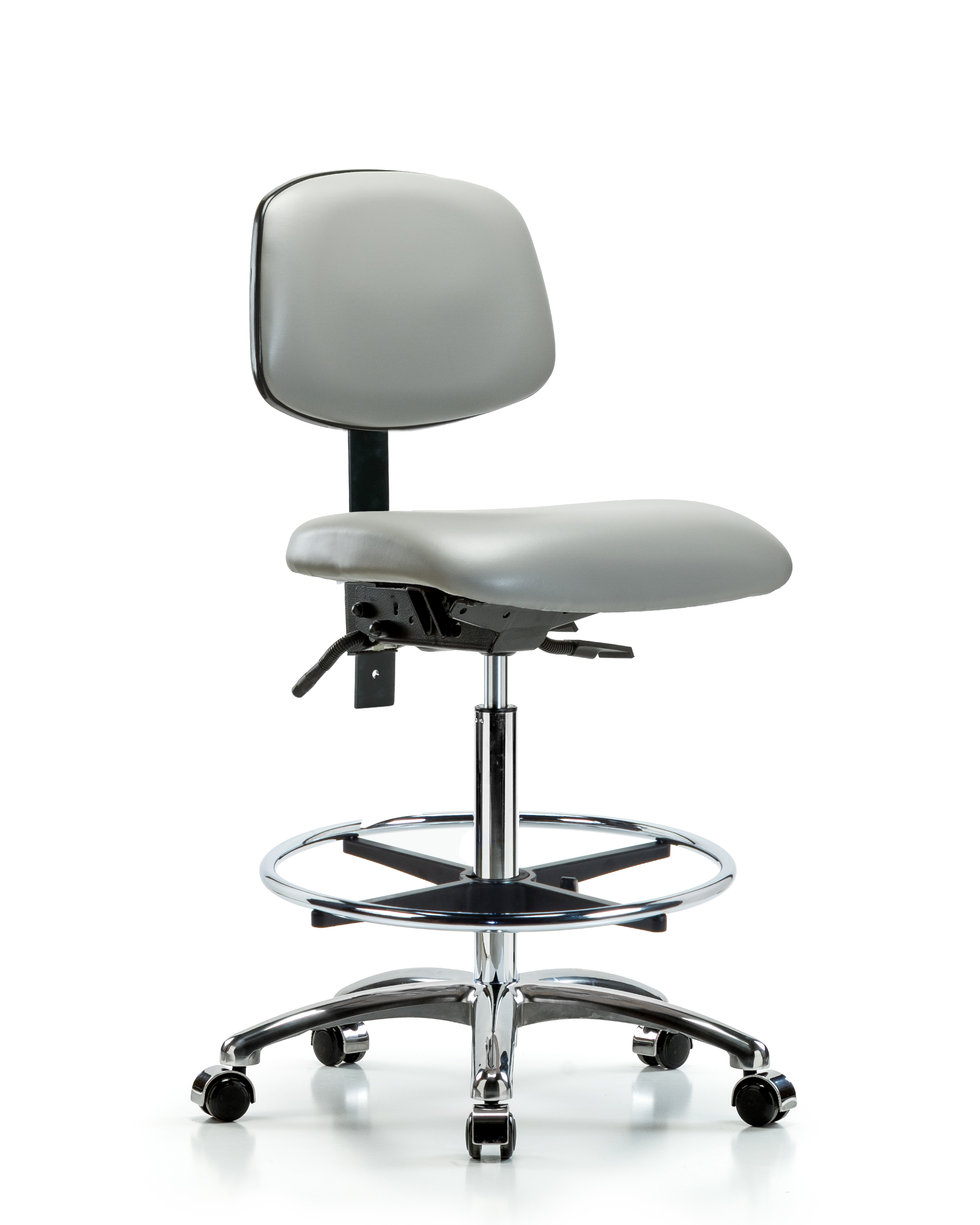 Rutledge Vinyl Chair Chrome - High Bench Height with Seat Tilt, Chrome Foot Ring, & Casters in Dove Trailblazer Vinyl