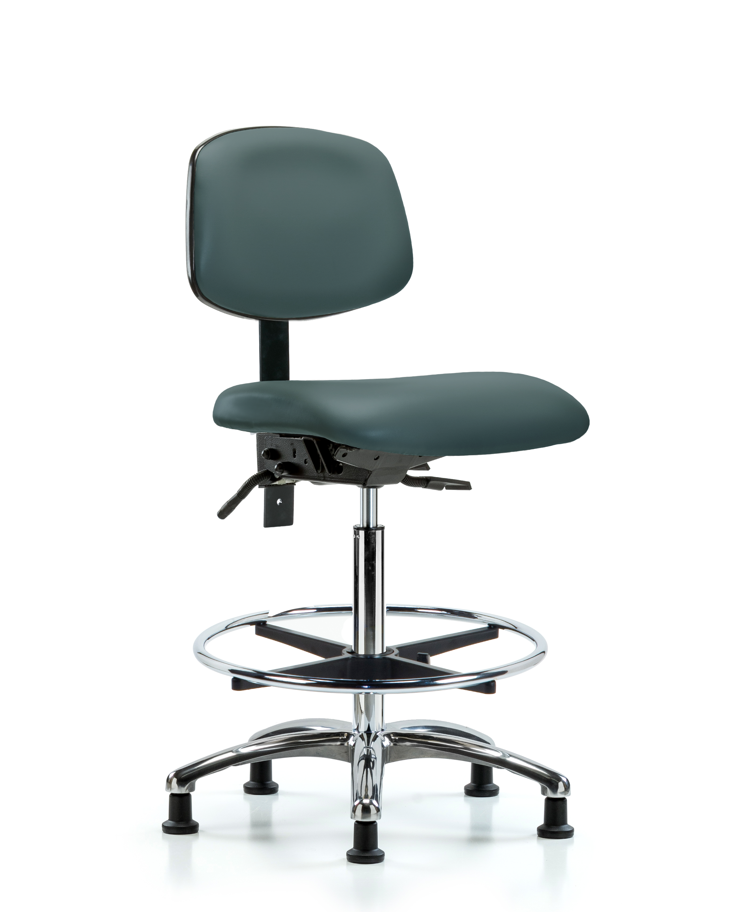 Rutledge Vinyl Chair Chrome - High Bench Height with Seat Tilt, Chrome Foot Ring, & Stationary Glides in Colonial Blue Trailblazer Vinyl