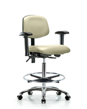Rutledge Vinyl Chair Chrome - High Bench Height with Seat Tilt, Adjustable Arms, Chrome Foot Ring, & Casters in Adobe White Trailblazer Vinyl