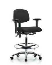 Rutledge Vinyl Chair Chrome - High Bench Height with Seat Tilt, Adjustable Arms, Chrome Foot Ring, & Casters in Black Trailblazer Vinyl