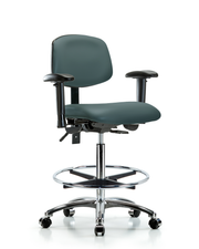 Rutledge Vinyl Chair Chrome - High Bench Height with Seat Tilt, Adjustable Arms, Chrome Foot Ring, & Casters in Colonial Blue Trailblazer Vinyl