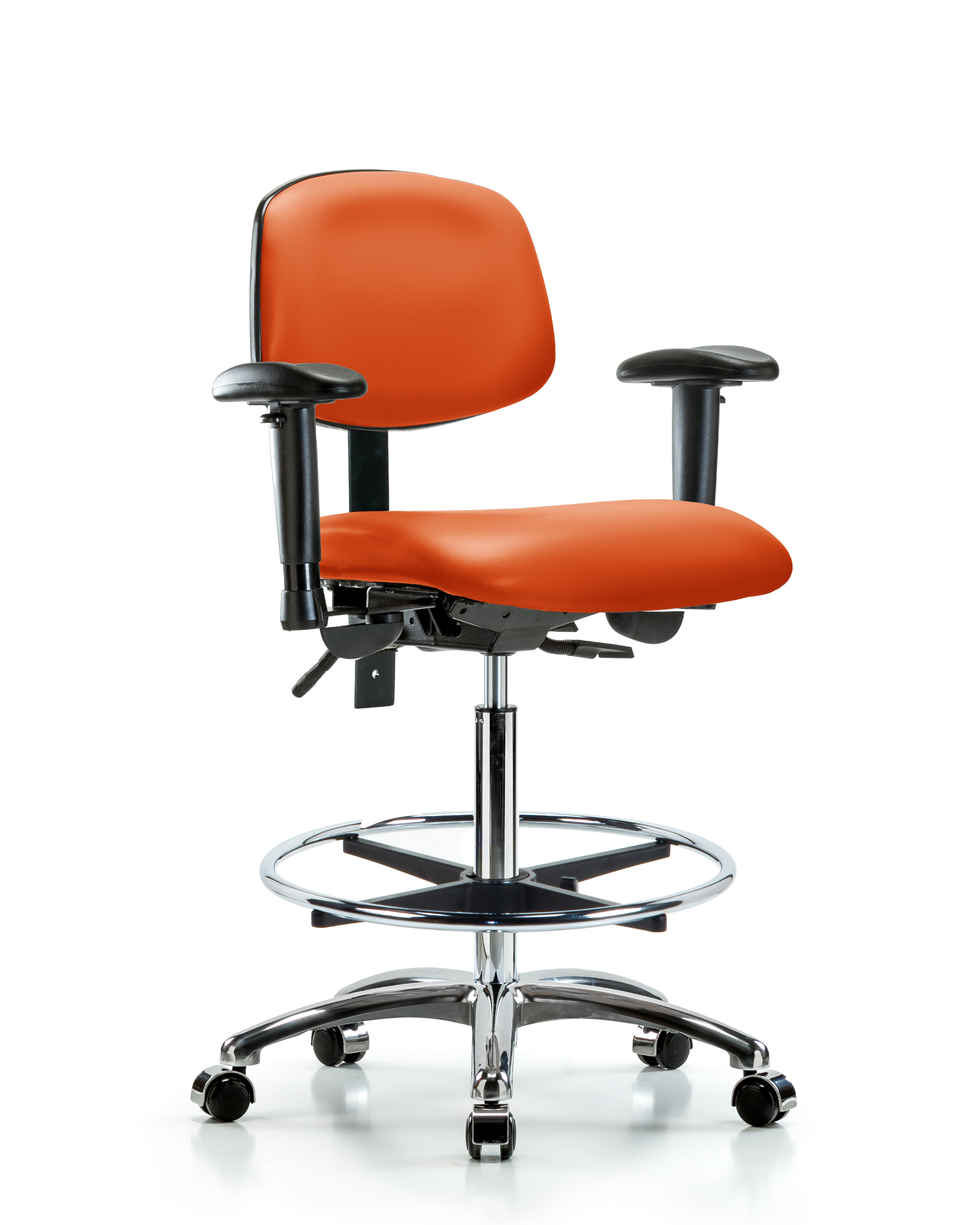 Rutledge Vinyl Chair Chrome - High Bench Height with Seat Tilt, Adjustable Arms, Chrome Foot Ring, & Casters in Orange Kist Trailblazer Vinyl