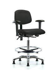 Rutledge Vinyl Chair Chrome - High Bench Height with Seat Tilt, Adjustable Arms, Chrome Foot Ring, & Stationary Glides in Black Trailblazer Vinyl