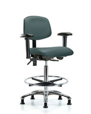 Rutledge Vinyl Chair Chrome - High Bench Height with Seat Tilt, Adjustable Arms, Chrome Foot Ring, & Stationary Glides in Colonial Blue Trailblazer Vinyl