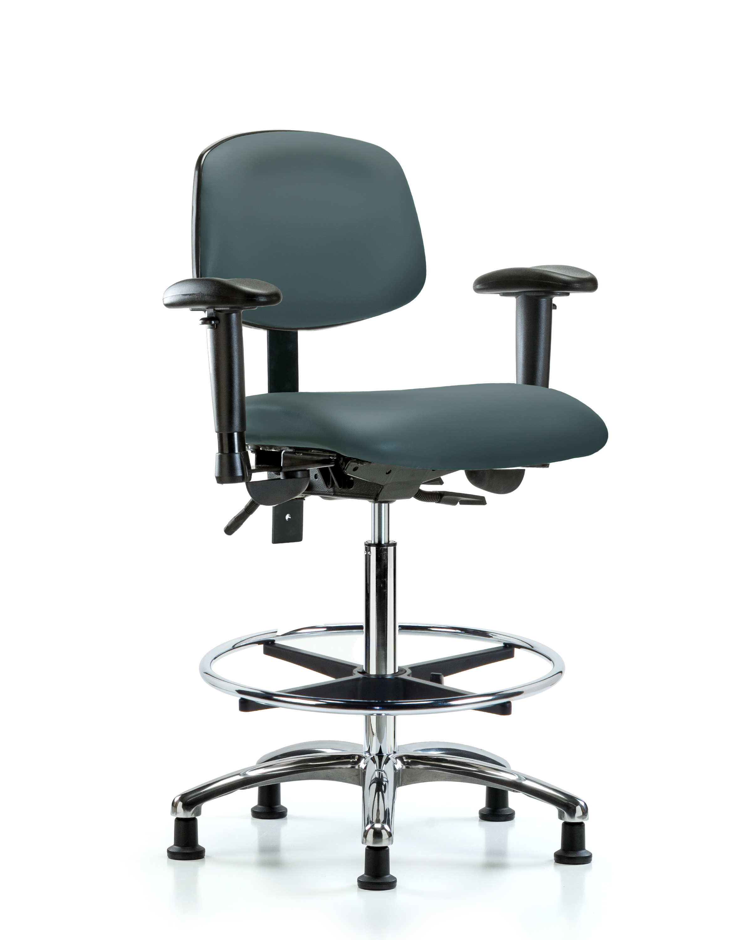 Rutledge Vinyl Chair Chrome - High Bench Height with Seat Tilt, Adjustable Arms, Chrome Foot Ring, & Stationary Glides in Colonial Blue Trailblazer Vinyl