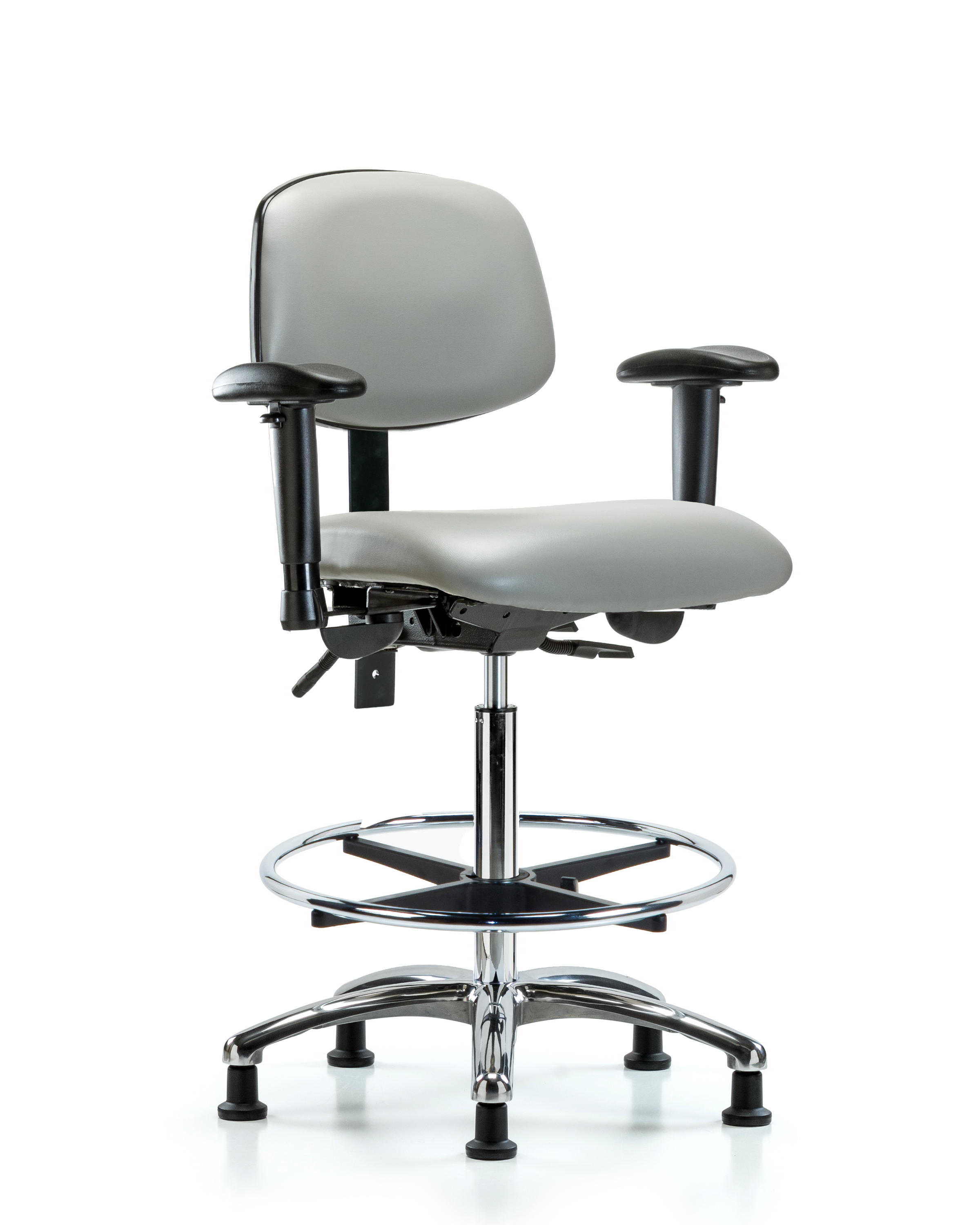 Rutledge Vinyl Chair Chrome - High Bench Height with Seat Tilt, Adjustable Arms, Chrome Foot Ring, & Stationary Glides in Dove Trailblazer Vinyl
