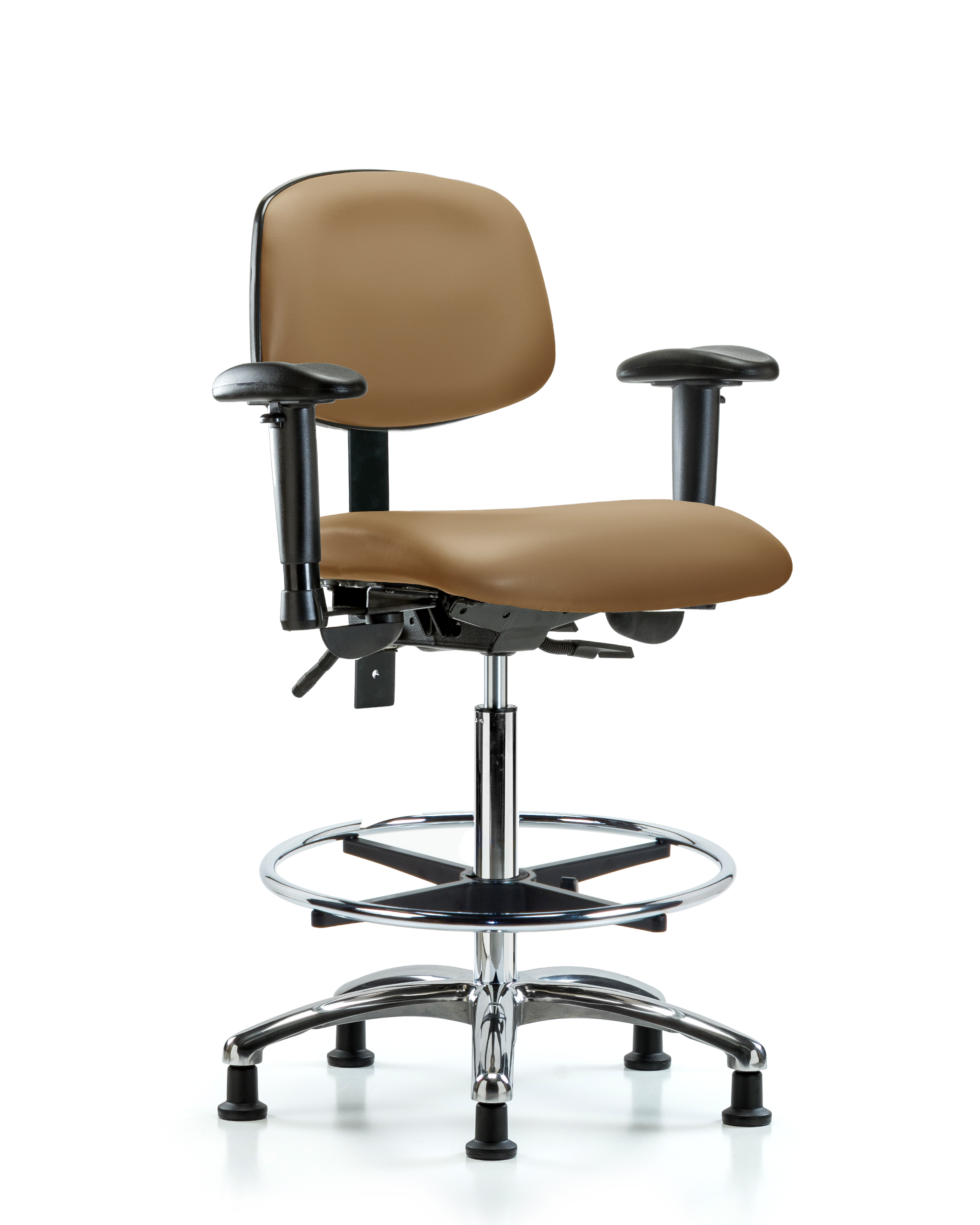 Rutledge Vinyl Chair Chrome - High Bench Height with Seat Tilt, Adjustable Arms, Chrome Foot Ring, & Stationary Glides in Taupe Trailblazer Vinyl