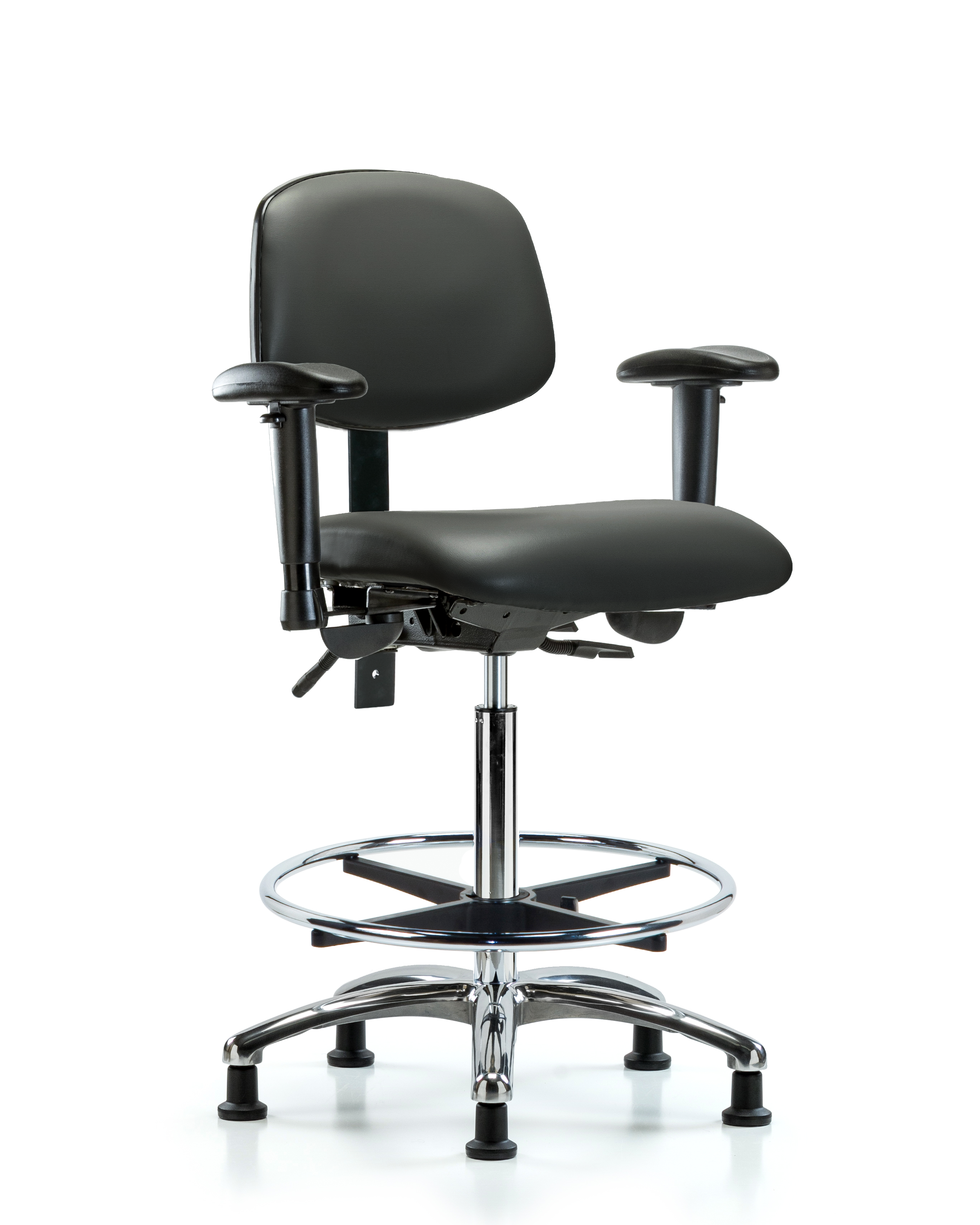 Rutledge Vinyl Chair Chrome - High Bench Height with Seat Tilt, Adjustable Arms, Chrome Foot Ring, & Stationary Glides in Carbon Supernova Vinyl