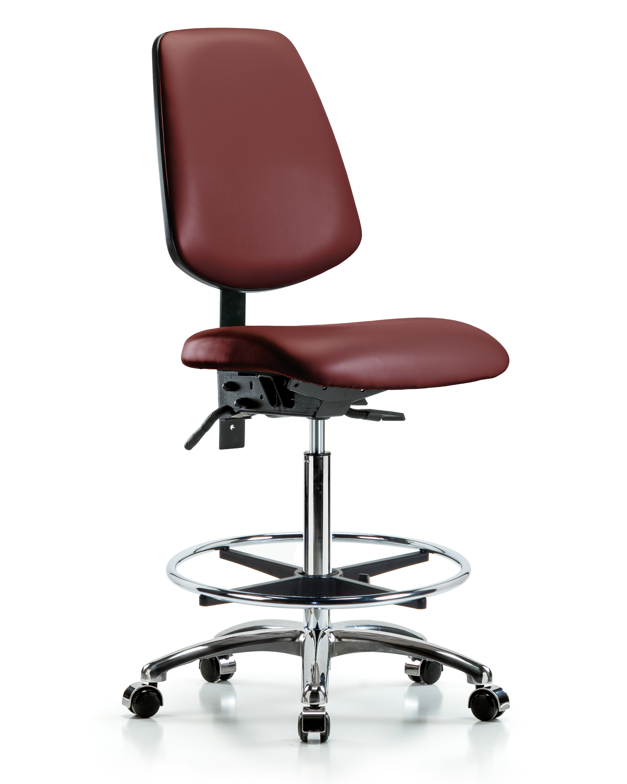 Rutledge Vinyl Chair Chrome - High Bench Height with Medium Back, Chrome Foot Ring, & Casters in Borscht Supernova Vinyl