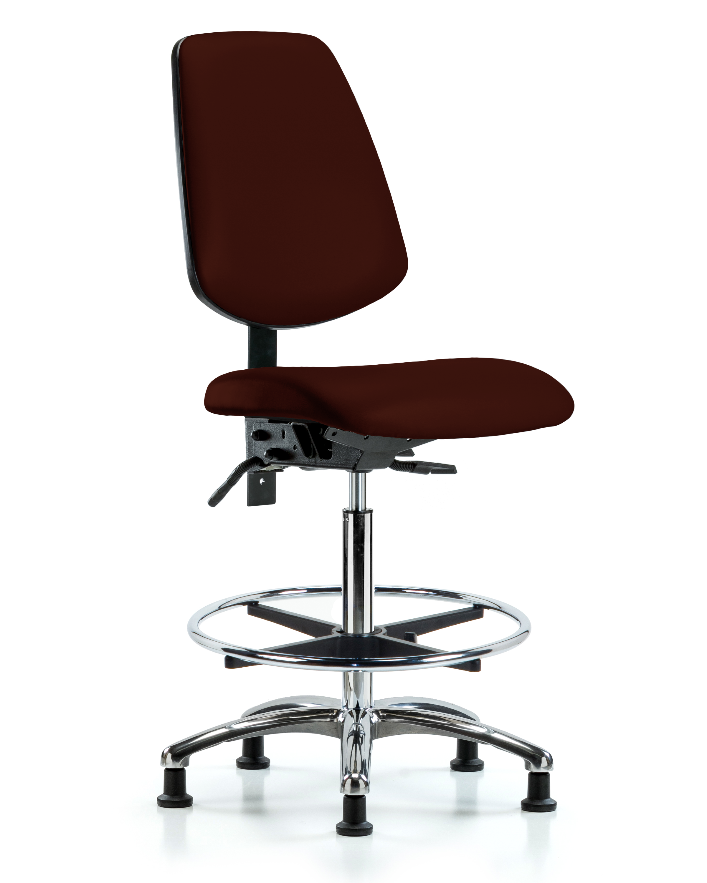 Rutledge Vinyl Chair Chrome - High Bench Height with Medium Back, Chrome Foot Ring, & Stationary Glides in Burgundy Trailblazer Vinyl