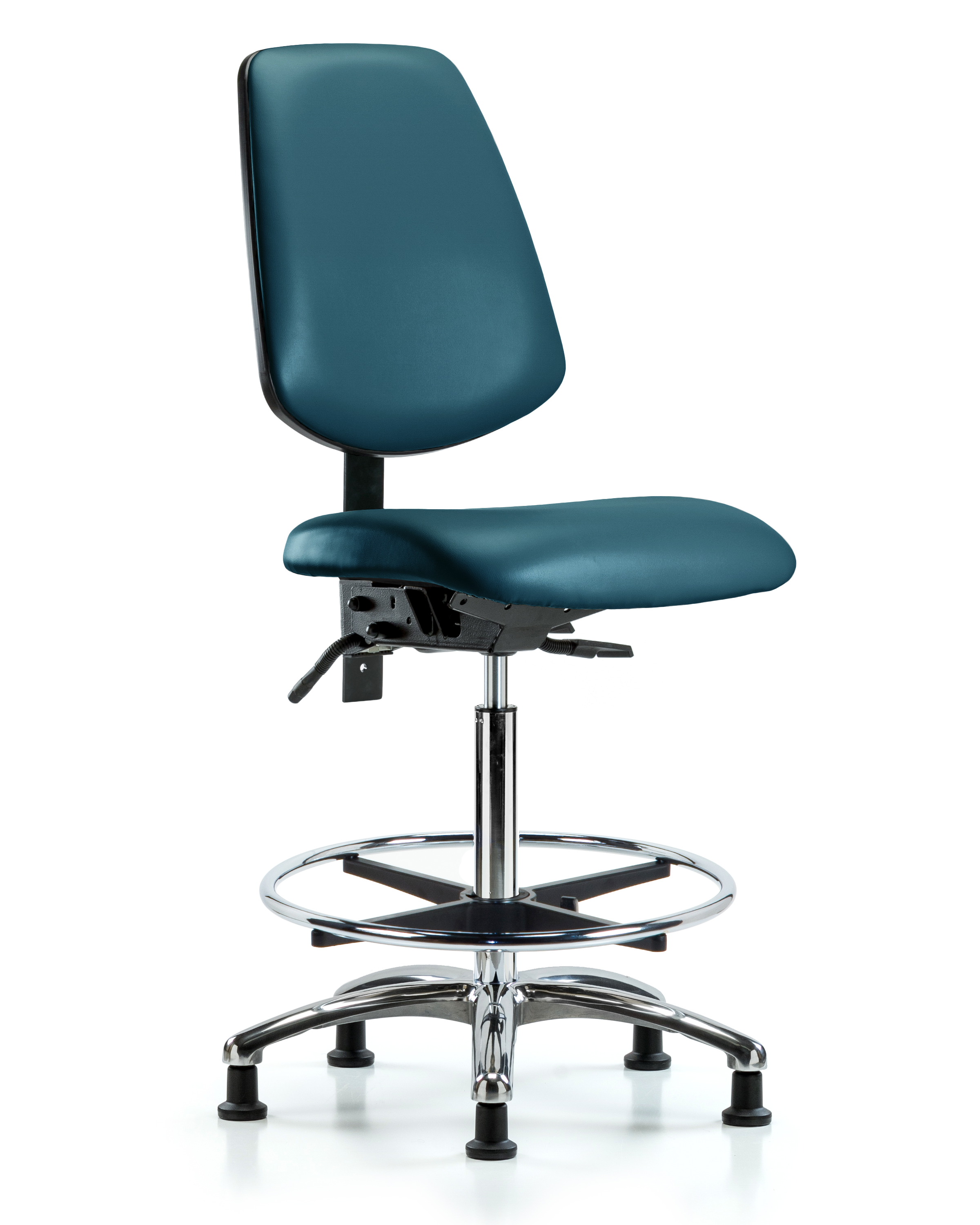 Rutledge Vinyl Chair Chrome - High Bench Height with Medium Back, Chrome Foot Ring, & Stationary Glides in Marine Blue Supernova Vinyl
