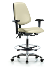 Rutledge Vinyl Chair Chrome - High Bench Height with Medium Back, Adjustable Arms, Chrome Foot Ring, & Casters in Adobe White Trailblazer Vinyl