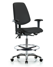 Rutledge Vinyl Chair Chrome - High Bench Height with Medium Back, Adjustable Arms, Chrome Foot Ring, & Casters in Black Trailblazer Vinyl