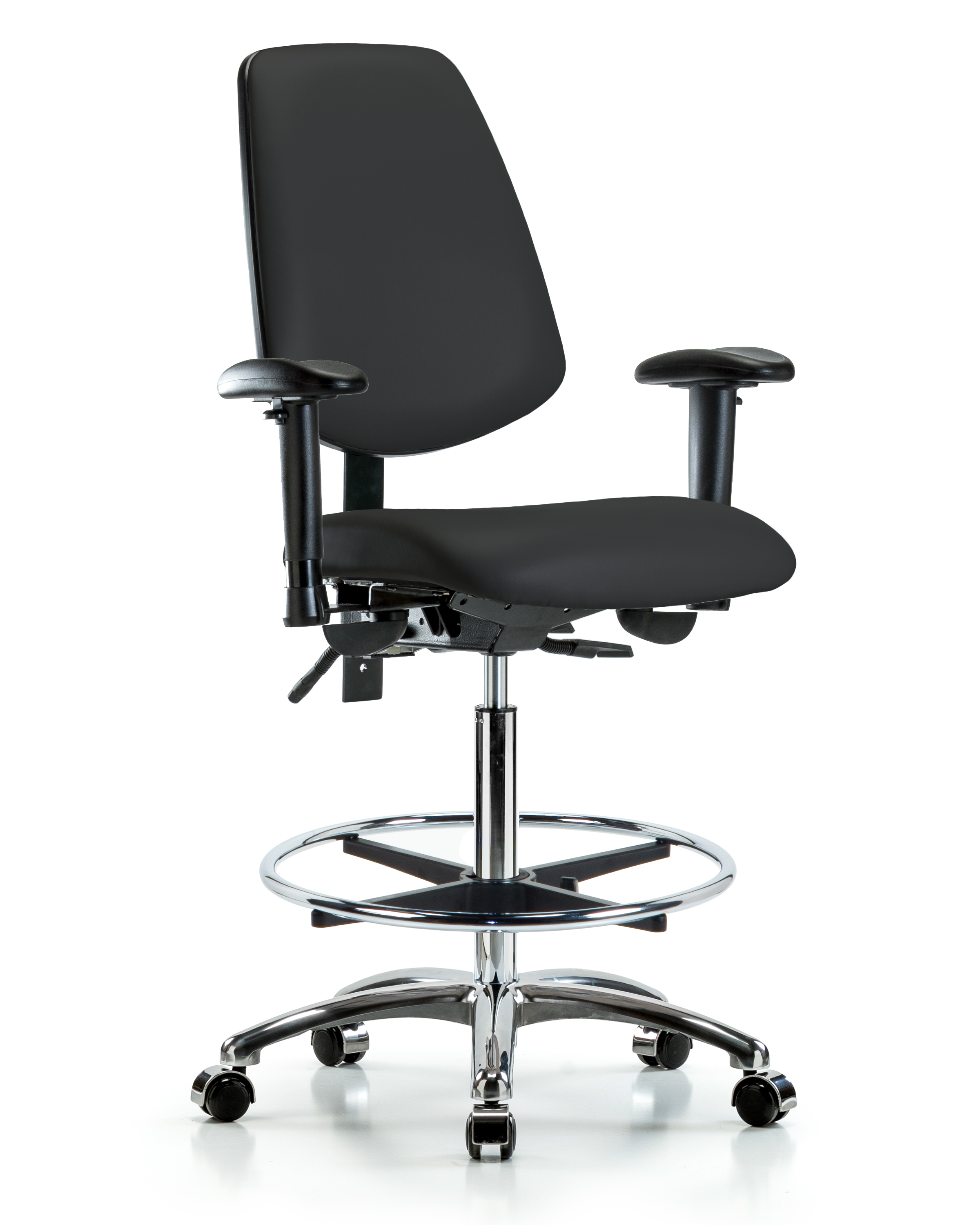 Rutledge Vinyl Chair Chrome - High Bench Height with Medium Back, Adjustable Arms, Chrome Foot Ring, & Casters in Black Trailblazer Vinyl