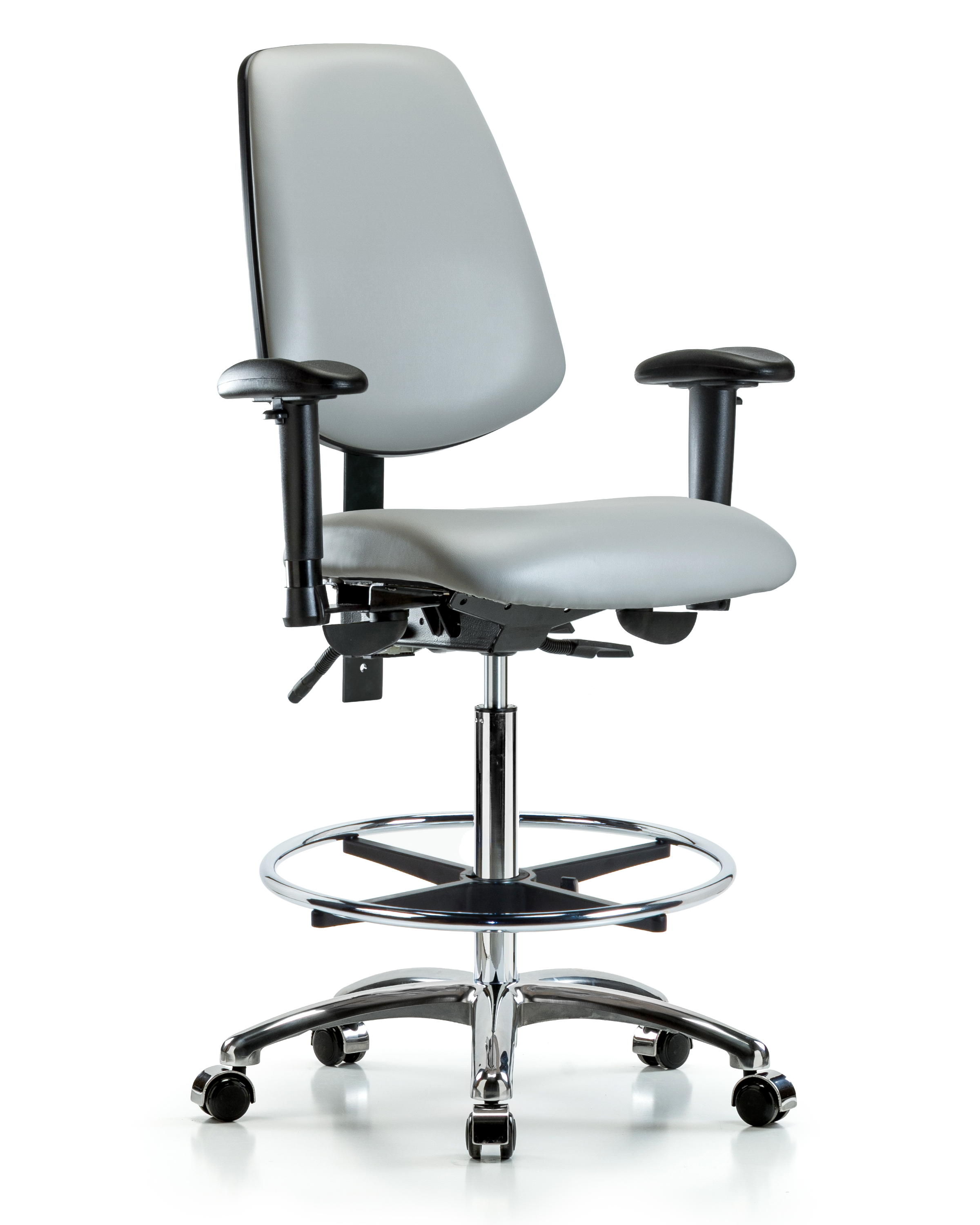 Rutledge Vinyl Chair Chrome - High Bench Height with Medium Back, Adjustable Arms, Chrome Foot Ring, & Casters in Dove Trailblazer Vinyl