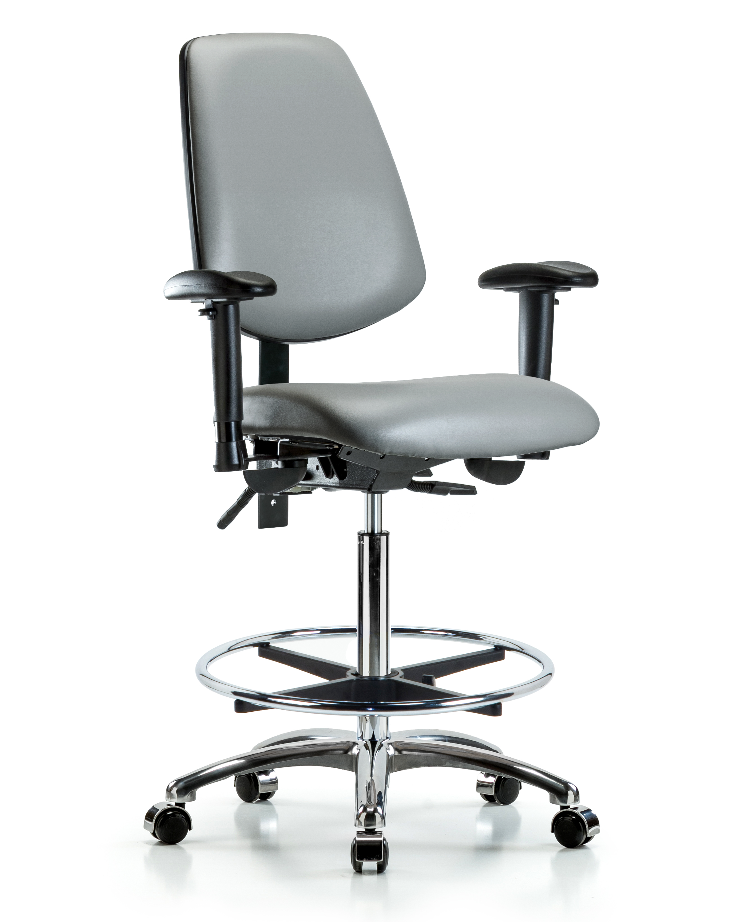 Rutledge Vinyl Chair Chrome - High Bench Height with Medium Back, Adjustable Arms, Chrome Foot Ring, & Casters in Sterling Supernova Vinyl