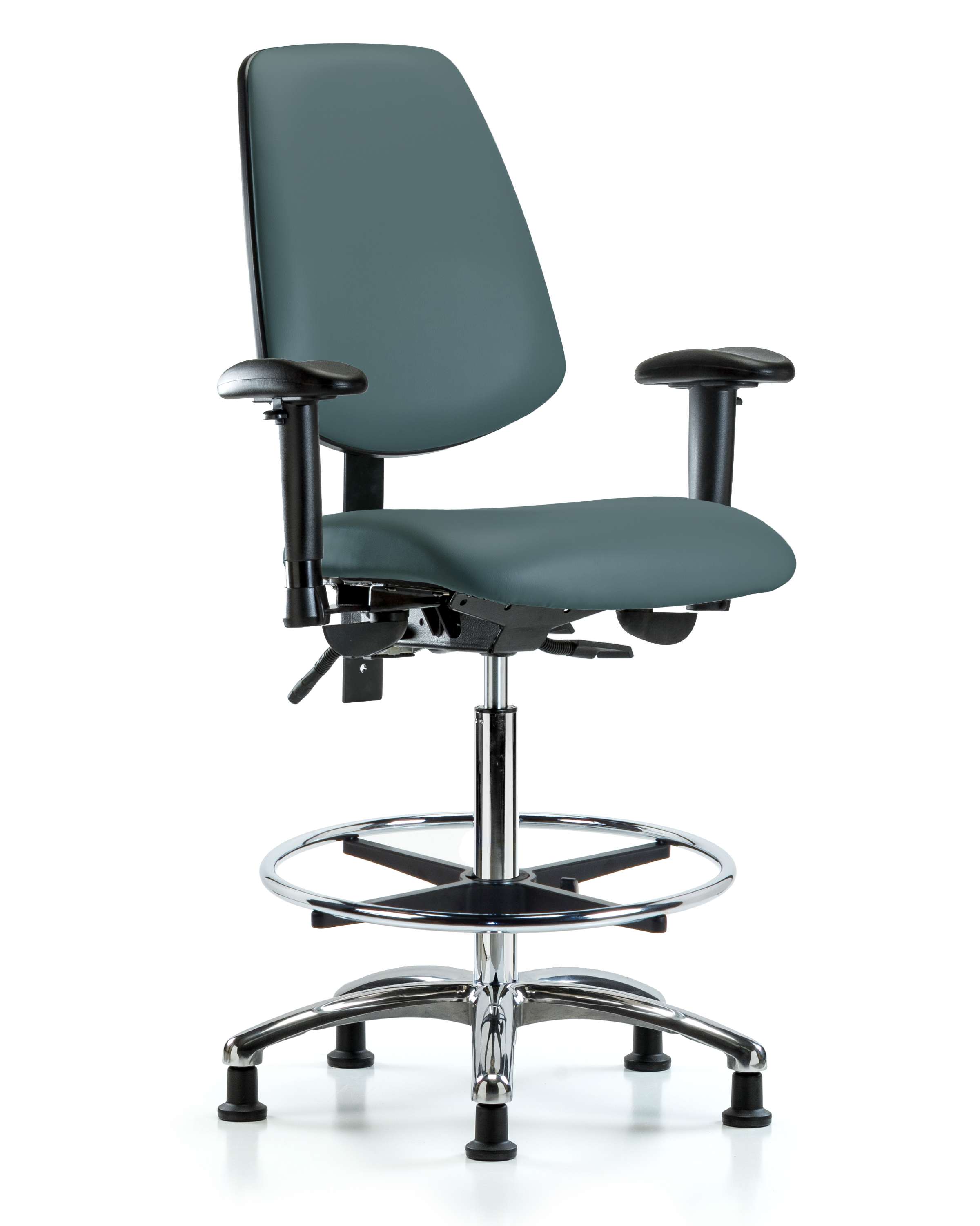 Rutledge Vinyl Chair Chrome - High Bench Height with Medium Back, Adjustable Arms, Chrome Foot Ring, & Stationary Glides in Colonial Blue Trailblazer Vinyl