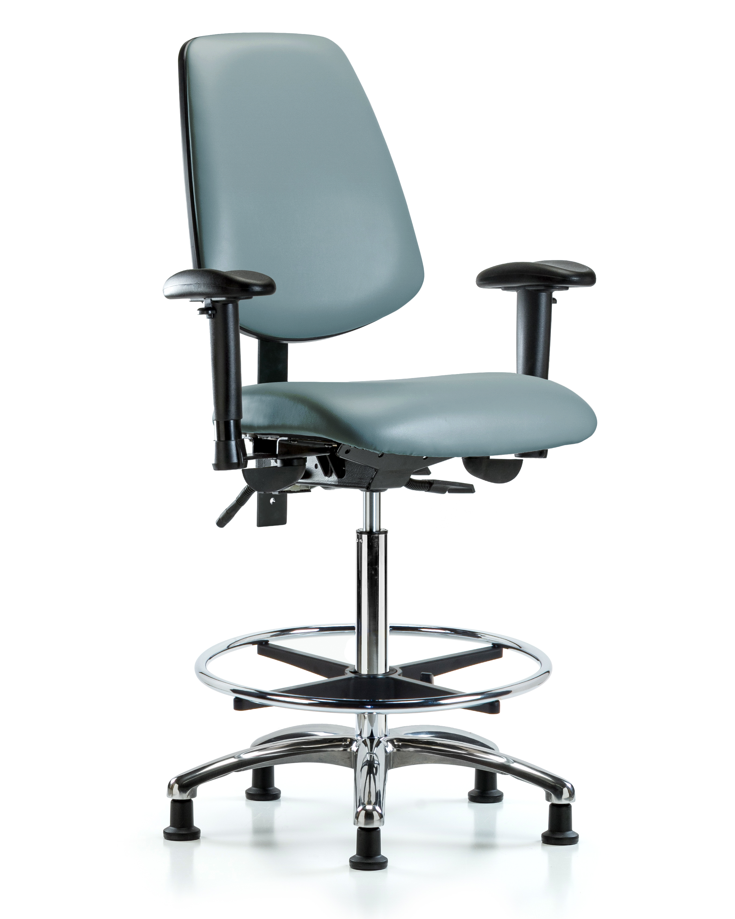 Rutledge Vinyl Chair Chrome - High Bench Height with Medium Back, Adjustable Arms, Chrome Foot Ring, & Stationary Glides in Storm Supernova Vinyl