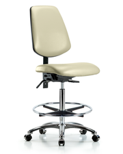 Rutledge Vinyl Chair Chrome - High Bench Height with Medium Back, Seat Tilt, Chrome Foot Ring, & Casters in Adobe White Trailblazer Vinyl