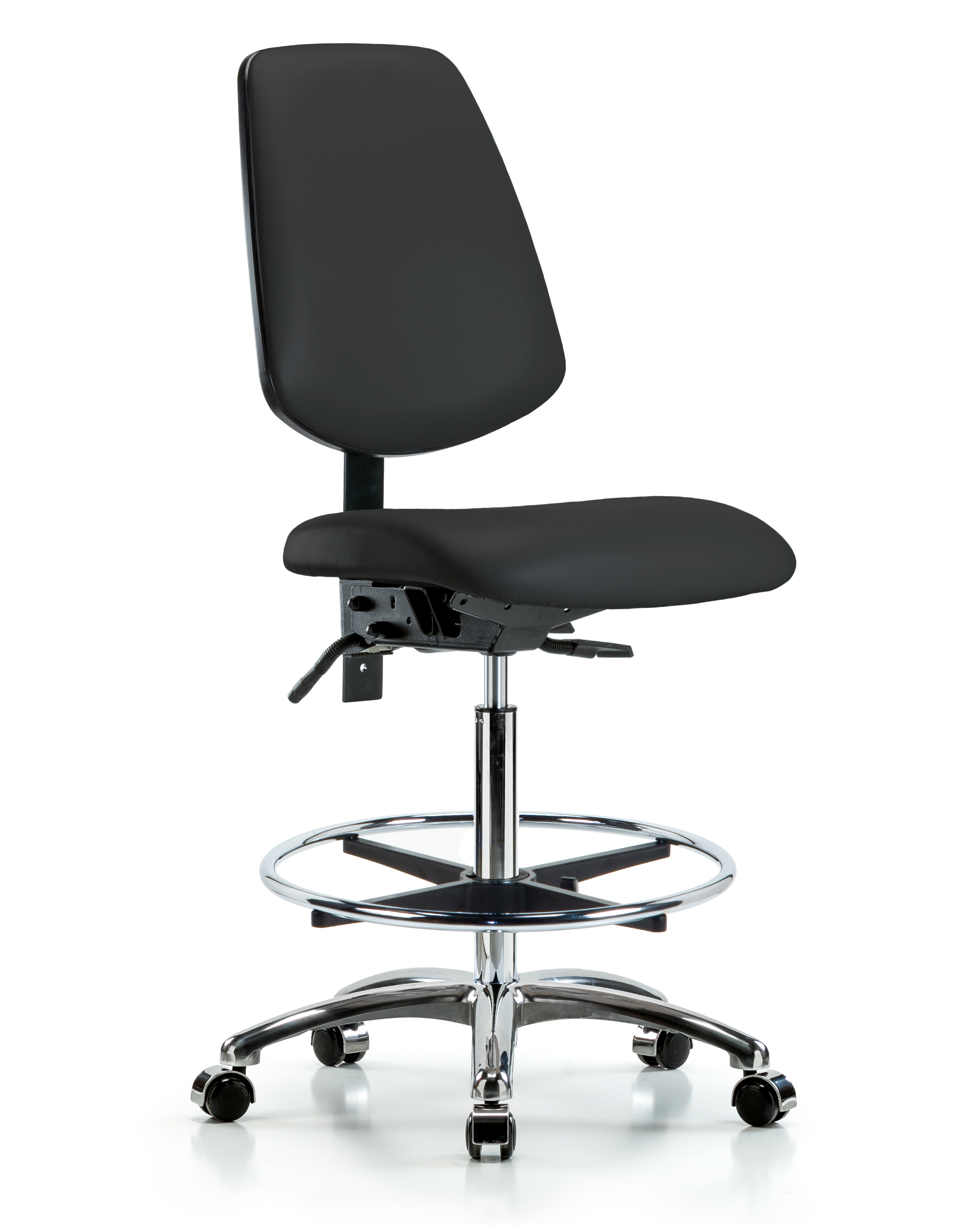 Rutledge Vinyl Chair Chrome - High Bench Height with Medium Back, Seat Tilt, Chrome Foot Ring, & Casters in Black Trailblazer Vinyl