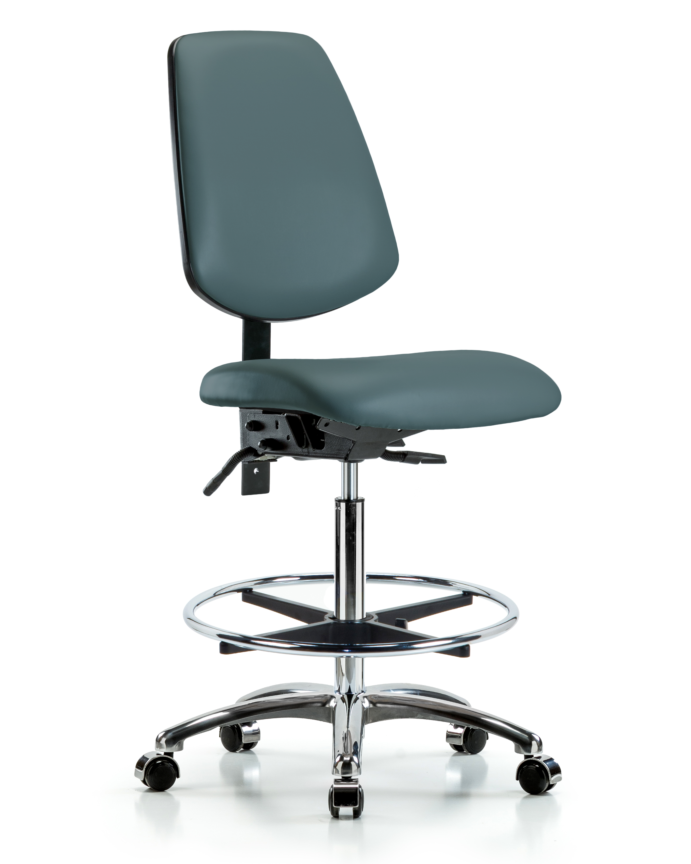 Rutledge Vinyl Chair Chrome - High Bench Height with Medium Back, Seat Tilt, Chrome Foot Ring, & Casters in Colonial Blue Trailblazer Vinyl