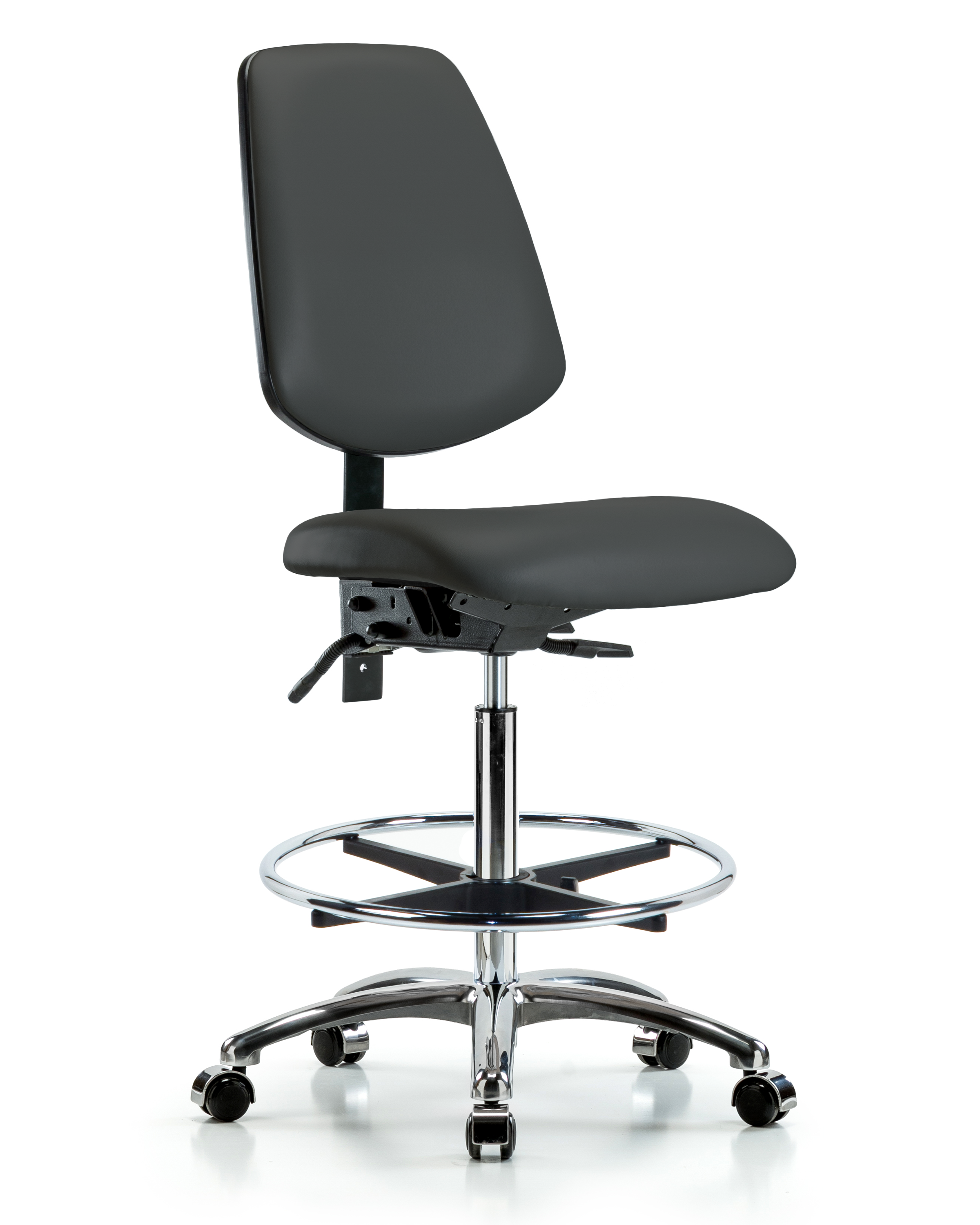 Rutledge Vinyl Chair Chrome - High Bench Height with Medium Back, Seat Tilt, Chrome Foot Ring, & Casters in Charcoal Trailblazer Vinyl